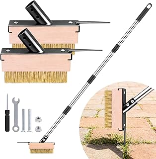 Crack Weeder Tool with 2 Brush Heads,5.1in Extended Metal Crevice Weeding Brush,Weed Moss Remover Tool for Weeding Between Concrete Pavers Decks,Weeding Puller Removal with Long Handle