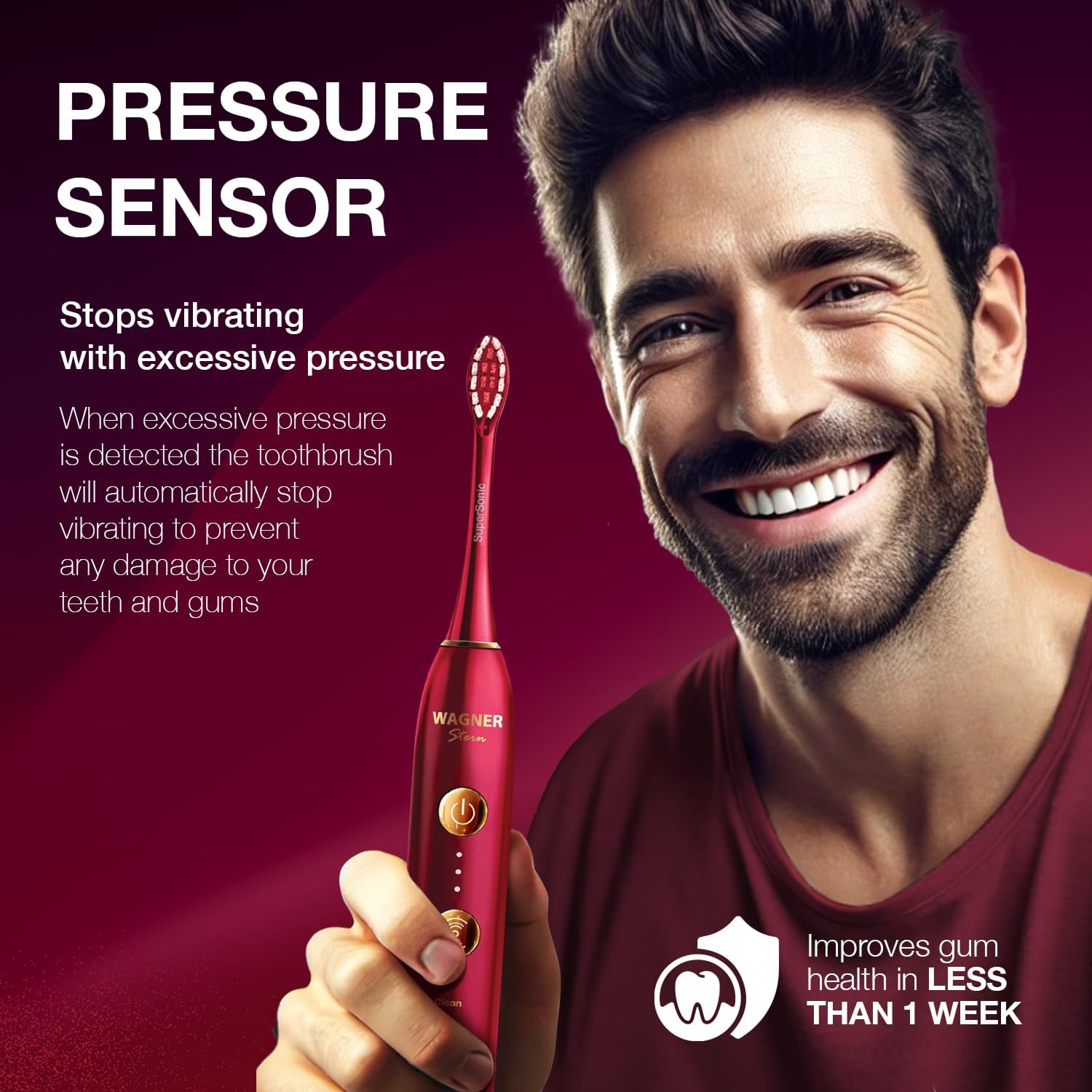 Wagner Stern WT8900 Series Electric Toothbrush – Whitening & Pressure Sensor, 5 Modes, 3 Intensities, 8 Soft Brush Heads, Rechargeable, Travel Case Included