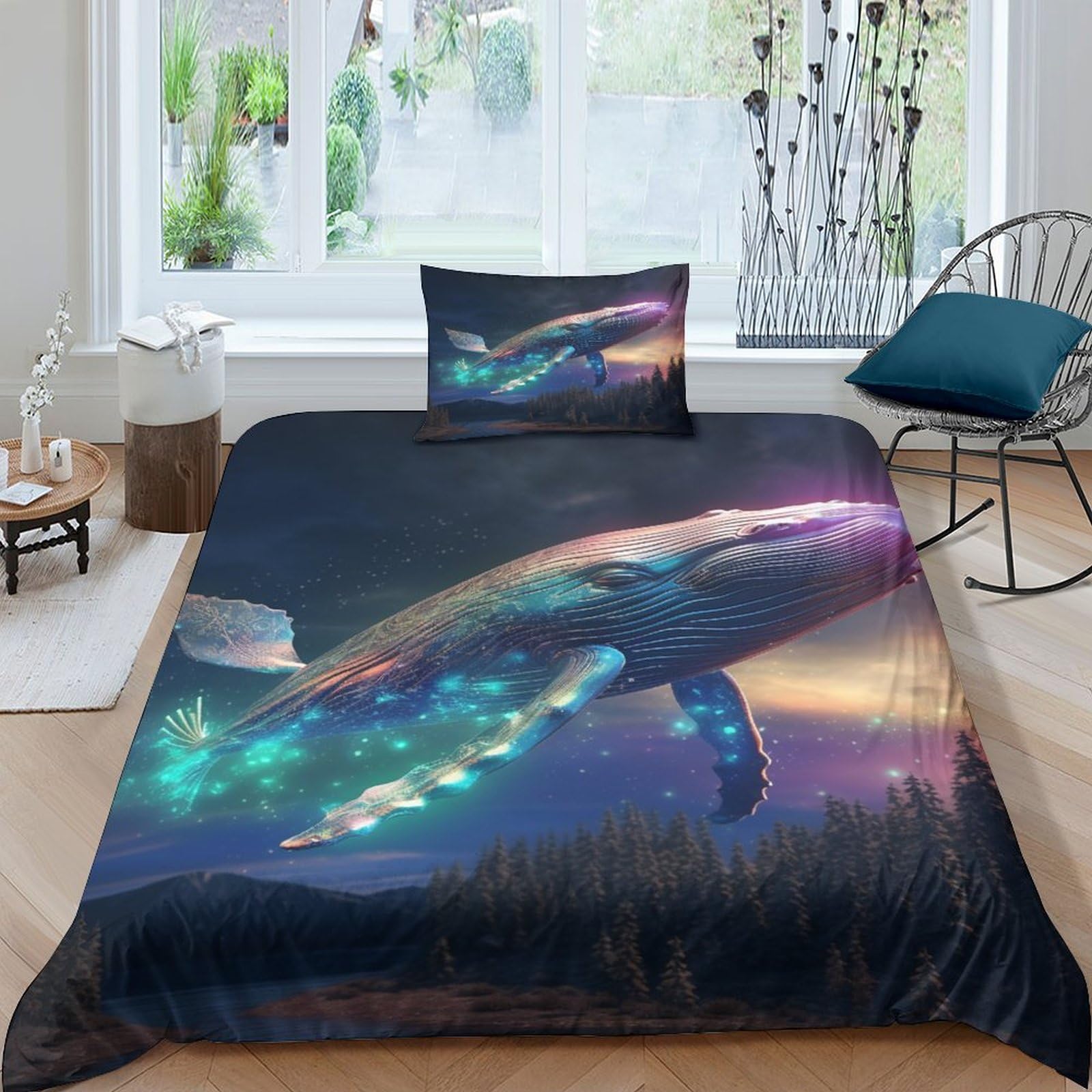 Housse de couette baleine hypoallergénique en microfibre pour lit ado fille