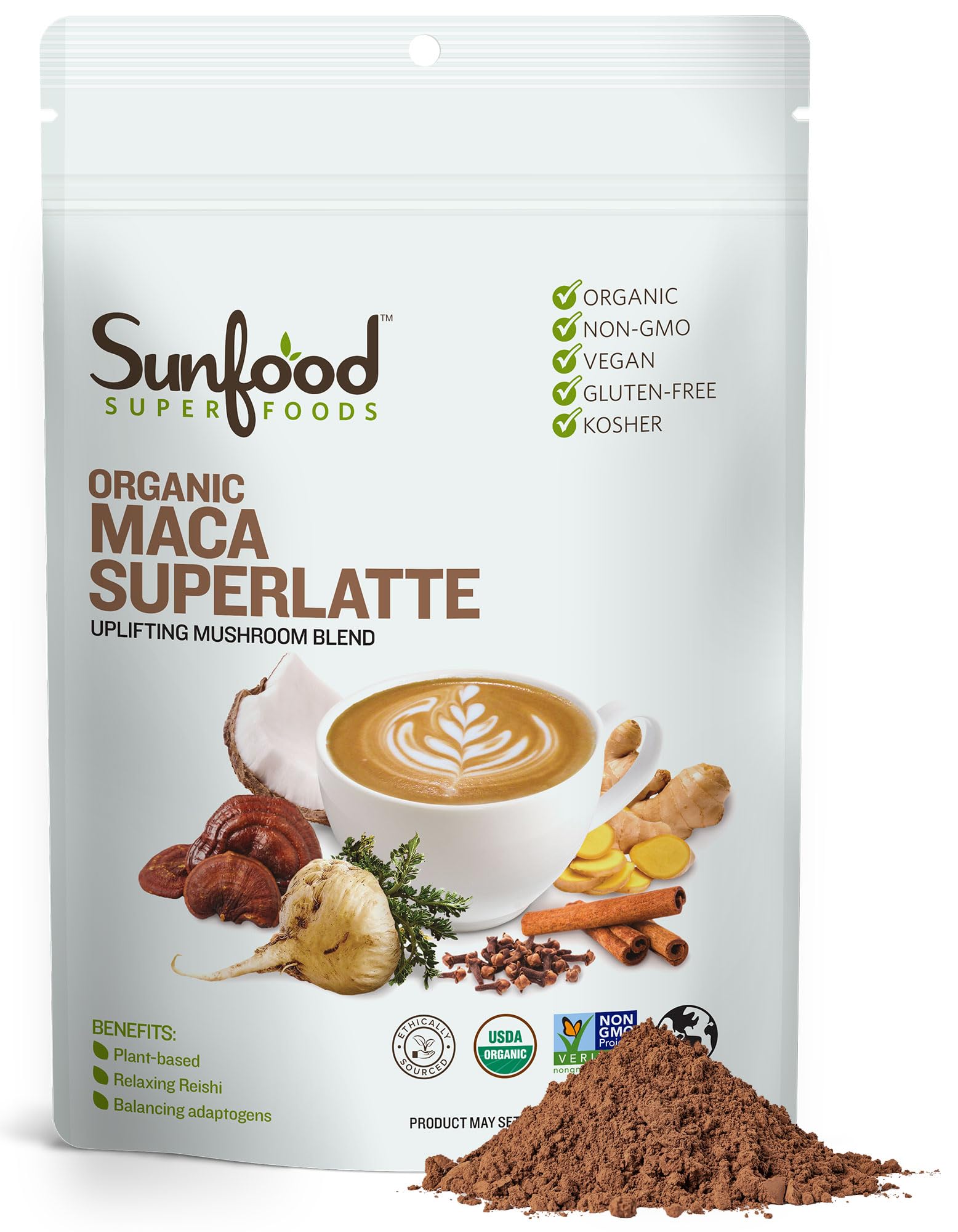 Sunfood Superfoods Organic Maca Superlatte - Maca Root Powder, Adaptogen Supplement for Men & Women with Reishi Mushroom, Coffee & Tea Alternative, Peruvian, Raw, Vegan, USDA Organic - 8 Oz Bag