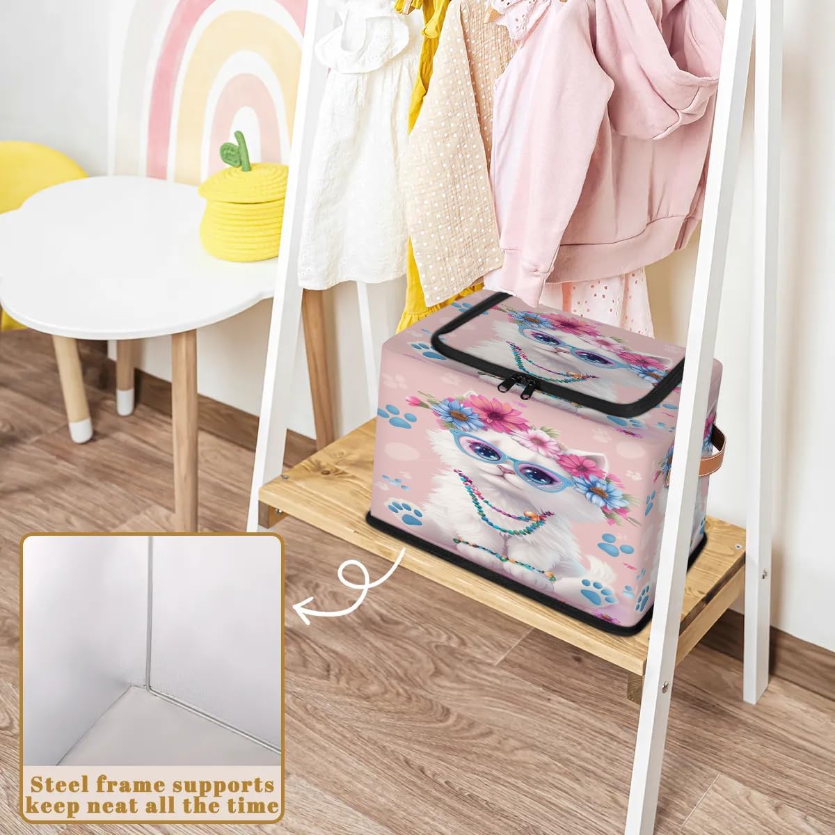 Cute Flowers Cat Storage Box with Lid and Handles Foldable Cloth Storage Basket Bin Bags for Shelves Closet Shelf Toys Clothes Bed Sheets Organizer 2 Pack