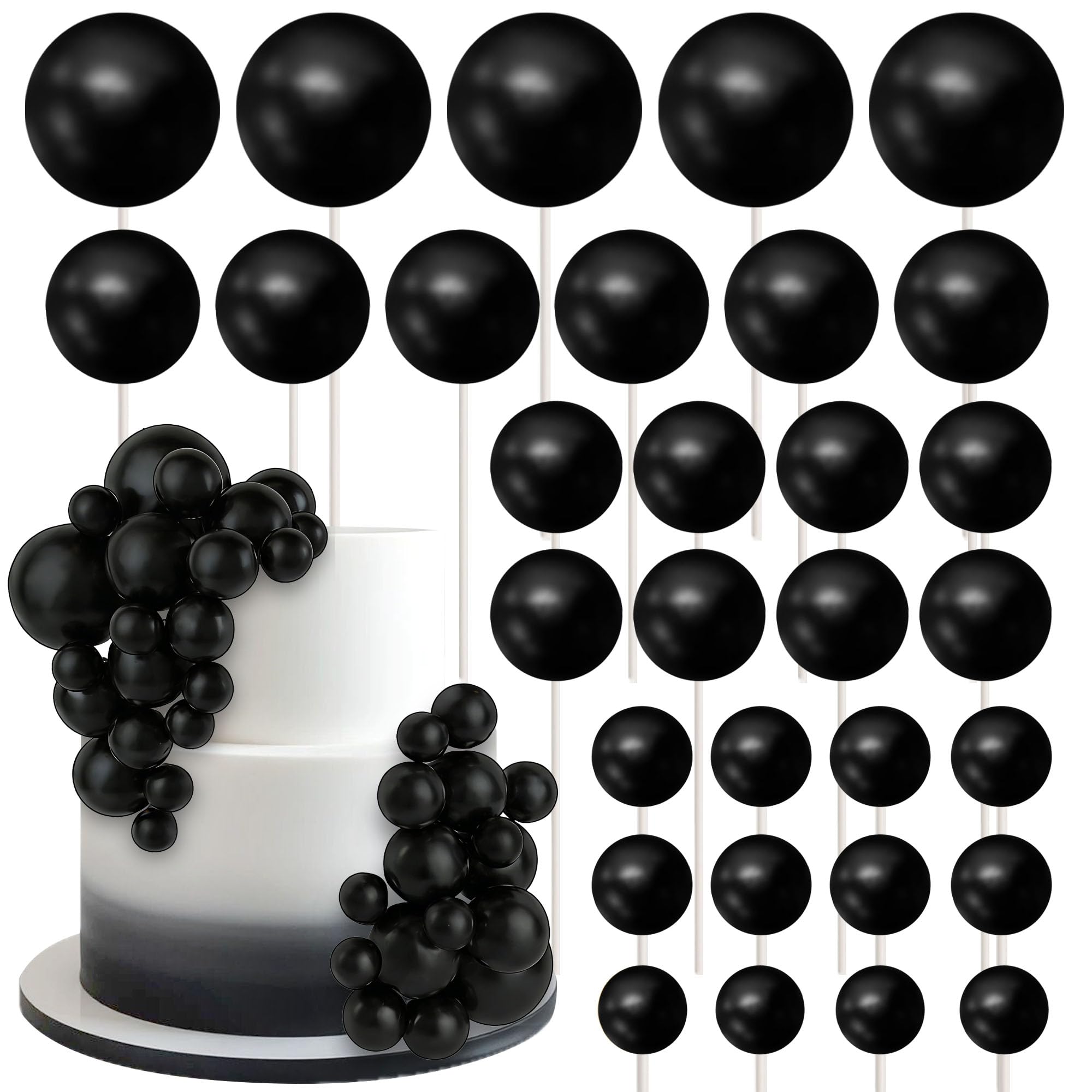 SYKYCTCY 70 Pack Ball Cake Toppers Balls Cupcake Toppers Foam Ball Shaped Cake Picks DIY Balloons Cake Insert Topper for Wedding Enagement Baby Shower Birthday Party Cake Decorations Supplies Black