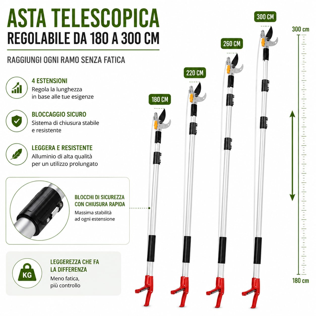 Cesoia Troncarami Telescopica 2 in 1 con Seghetto Intercambiabile 180-300 cm, Asta in Alluminio Leggera, Svettatoio Professionale per Potatura Alberi, Ulivo, Agrumi e Rami Alti
