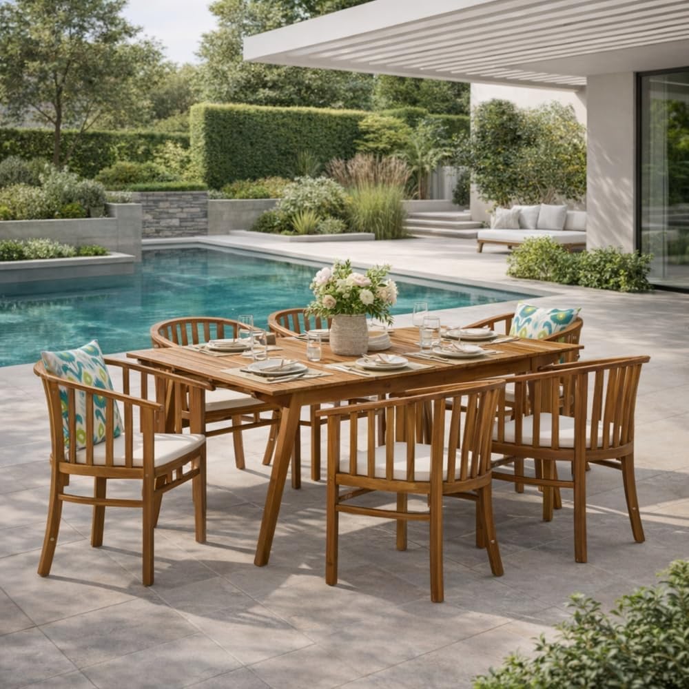 Acacia Wood Outdoor Dining Set for 6 People with Cushioned Seats and Cream Finish