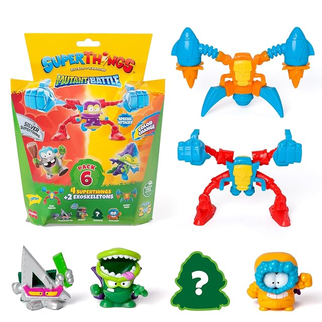 SUPERTHINGS Serie Mutant Battle - Pack de 6. Incluye 4 SuperThings (1 capitán Plateado) y 2 Exoskeletons.…