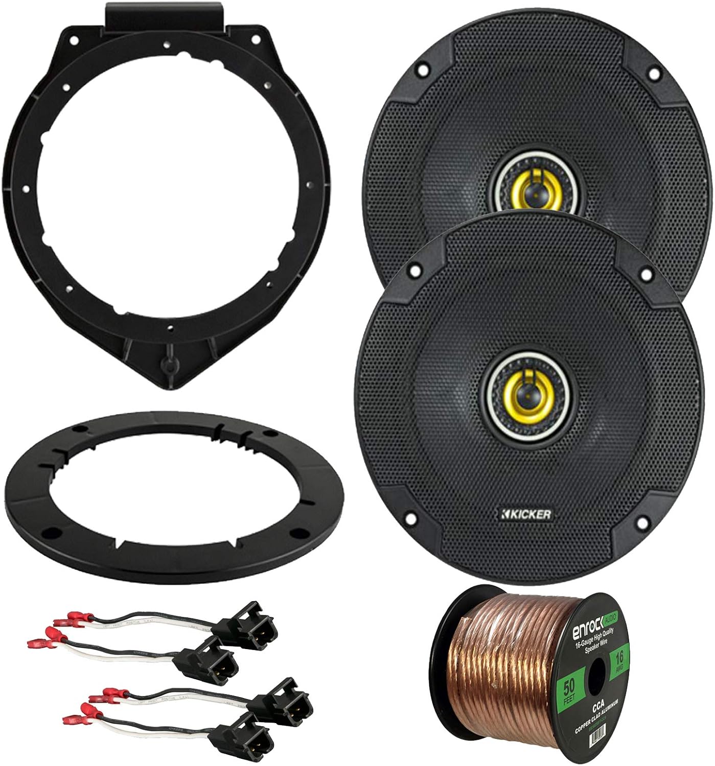 Pair of Kicker 6.5" Inch 2-Way Car Audio Speakers Bundle Combo with Pair of Speaker Adapters, Wire Harness, and 50 Feet Enrock Speaker Wire (Compatible with Multi GM Vehicles 05-Up)