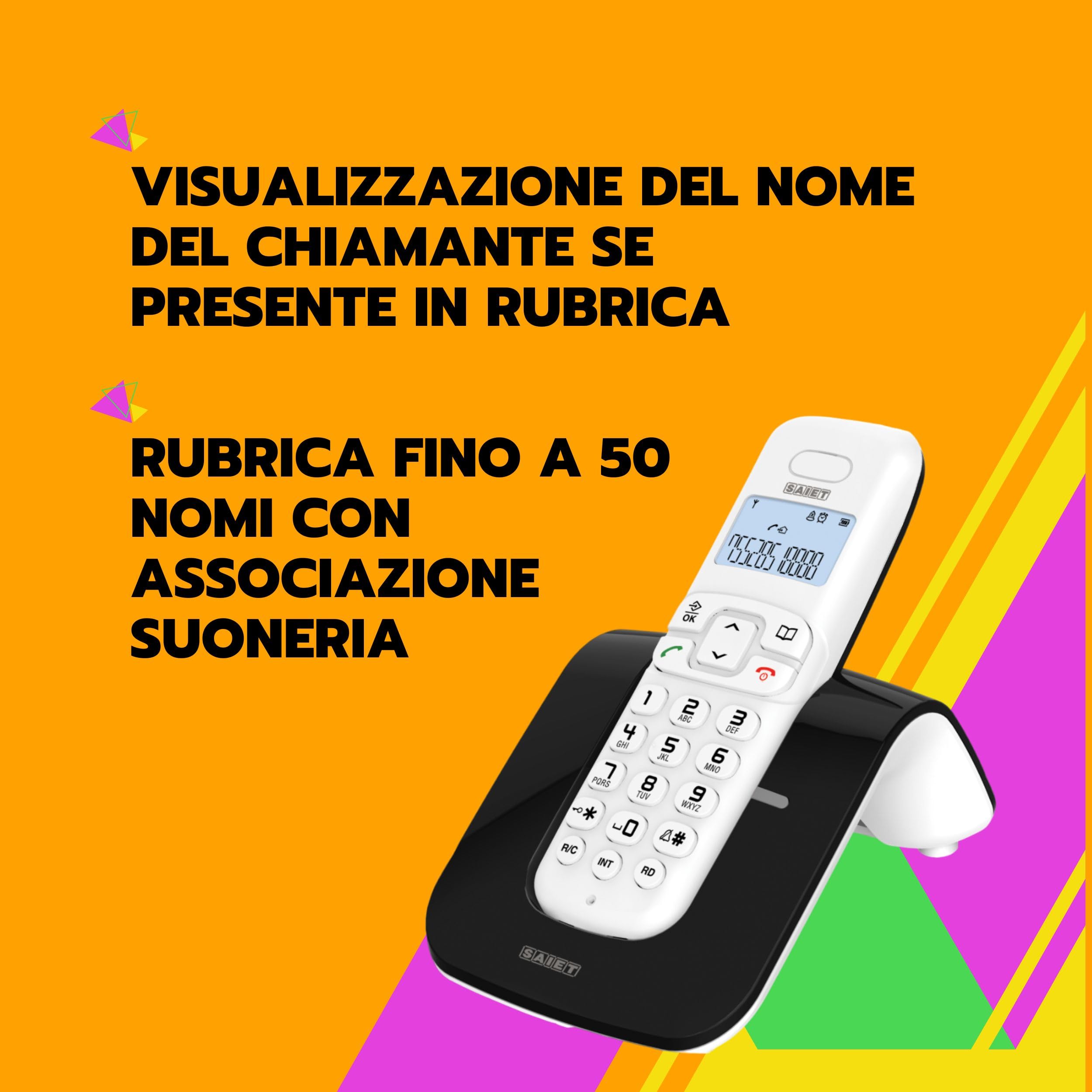 SAIET - Telefono Cordless Casa e Ufficio 13500783 - con Vivavoce DECT GAP LCD - con Tasti Grandi e Schermo Intuitivo - Nero