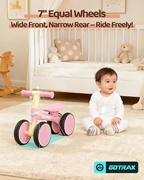 Gotrax Baby Balance Bike 1-2 Years, 7 Front&Rear Silent Wheels, Sturdy Steel Frame 66 lbs Load, Quick 2-Min Assembly, CPC Certified, Comfortable Soft Seat, Toddler Birthday Gift for Boys&Girls