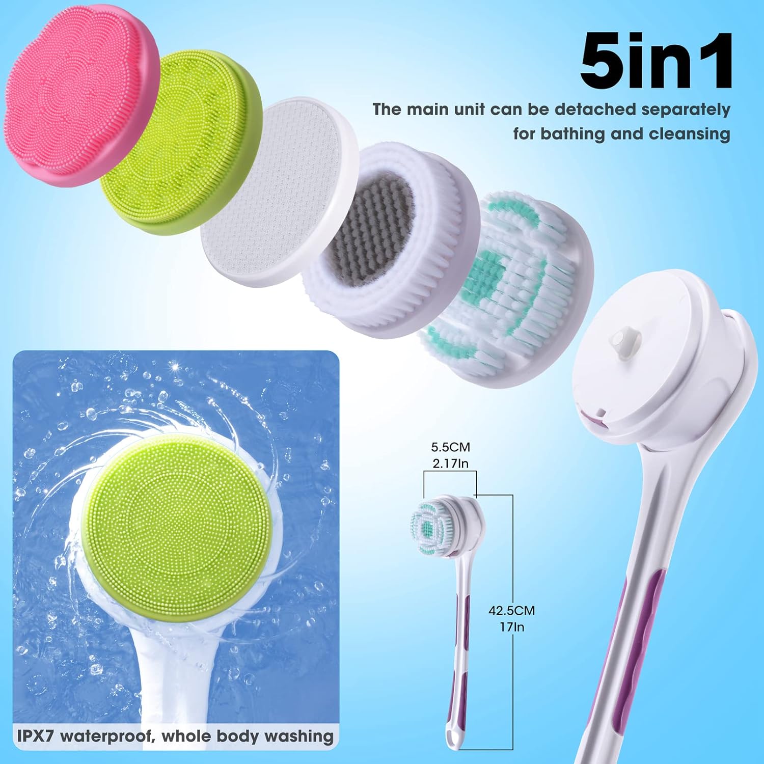 SoulBay Electric Body Brush with 5 Attachments: Rechargeable Back Brush IPX7 Long Handle Exfoliating Spin Scrubber for Shower Bathing Cleansing Wash Deep Cleaning - Image 4