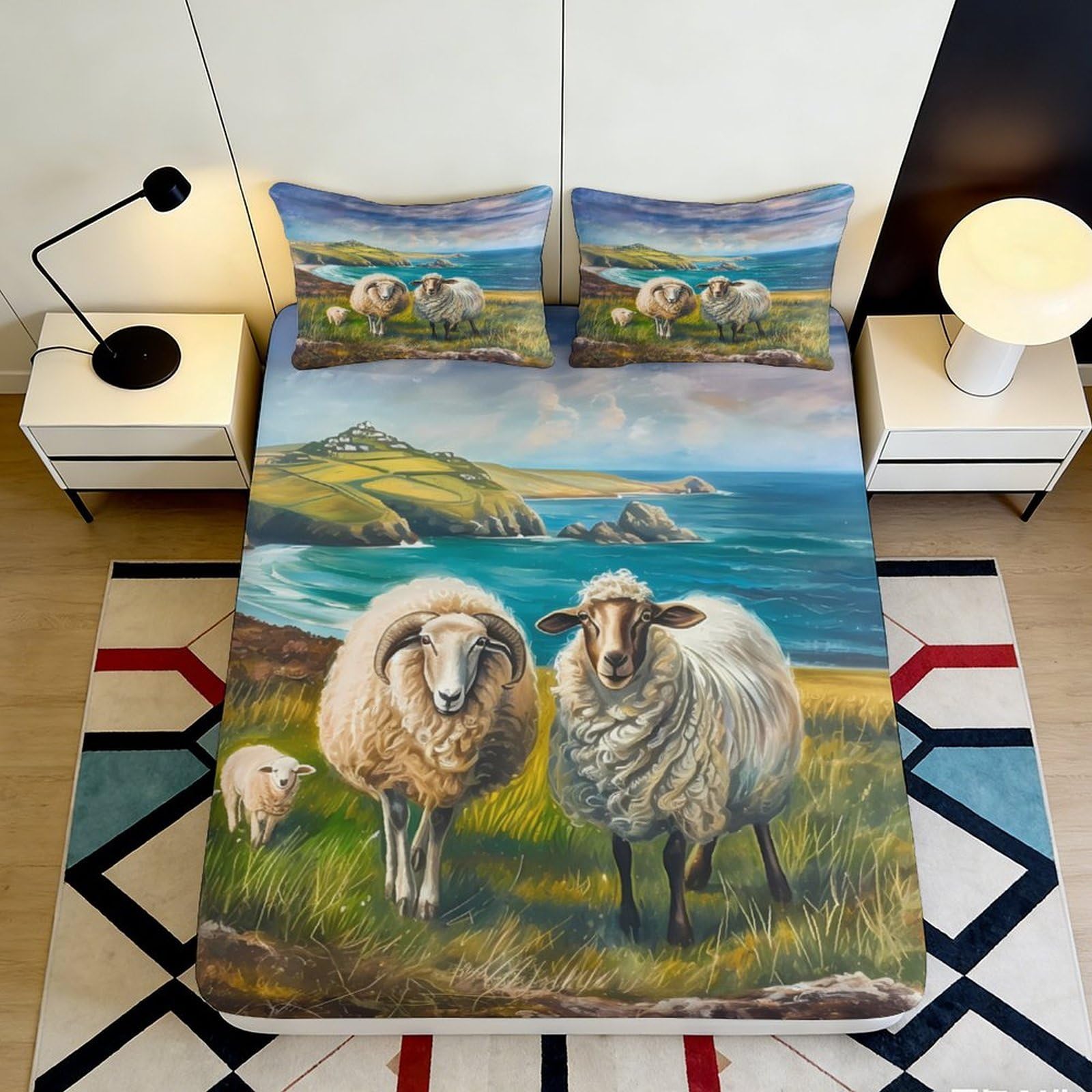 3D Printed Sheep Pastoral Fitted Sheet Microfiber Soft Landscape Mattress Cover Bedroom Dorm Protector Art Bedding 90x200x25cm