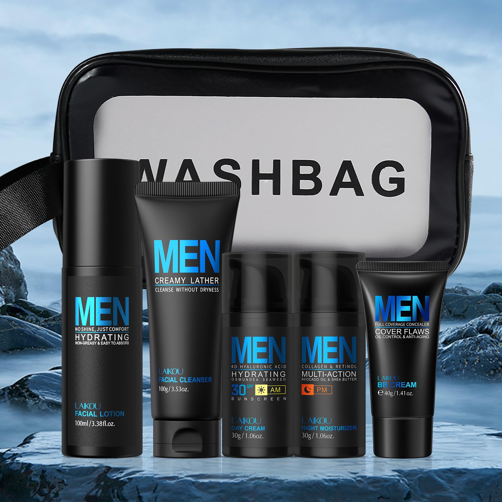 LAIKOU Cura Viso Uomo Kit, 5 pezzi Set per la Cura della Pelle del Viso da Uomo con Detergente Tonico Crema Giorno e Notte BB Cream, Per Pelle Stanca e Spenta, Effetto Idratante e Opacizzante
