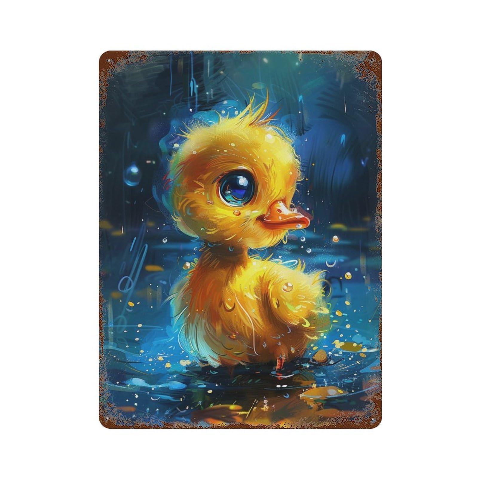 Rainy Night Duckling Rust Effect Tin Sign 15.7"x11.8", Farmhouse Wall Decor for Living Room, Hallway And Home Decor