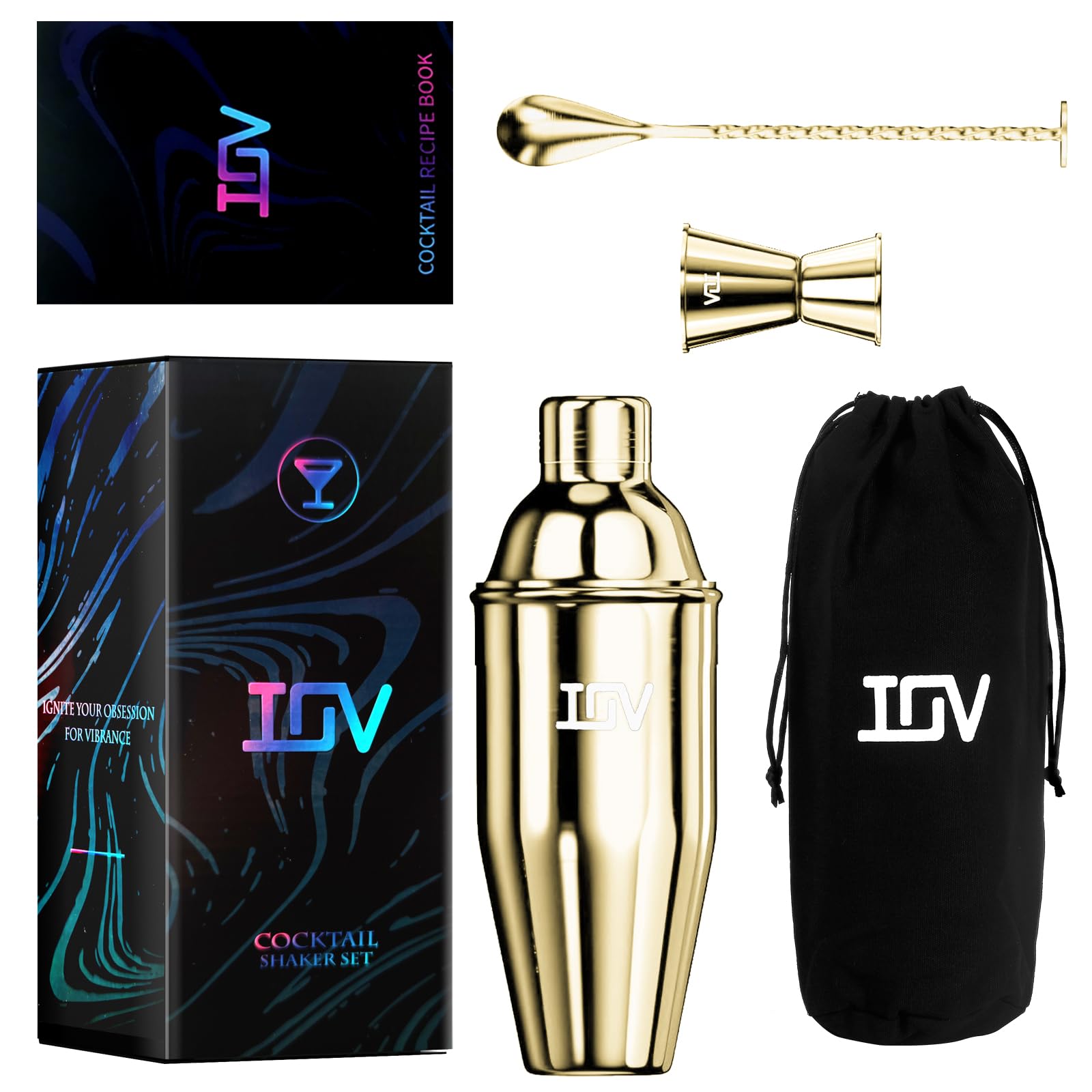 IOV Juego de coctelera para cócteles, coctelera de martini de 24 onzas con colador integrado, kit de herramientas de bar con folleto de recetas, coctelera profesional grande de acero inoxidable para