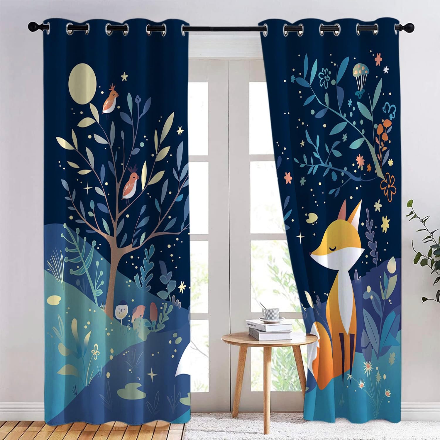 CozyRest Verdunklungsvorhänge Gardinen mit Ösen Blickdichte Vorhänge Lärmschutzvorhang für Kinderzimmer Thermo Gardinen mit Fuchs Vogel und Baum am Nachthimmel Muster, 215 x 110 cm (HxB), 2er Set
