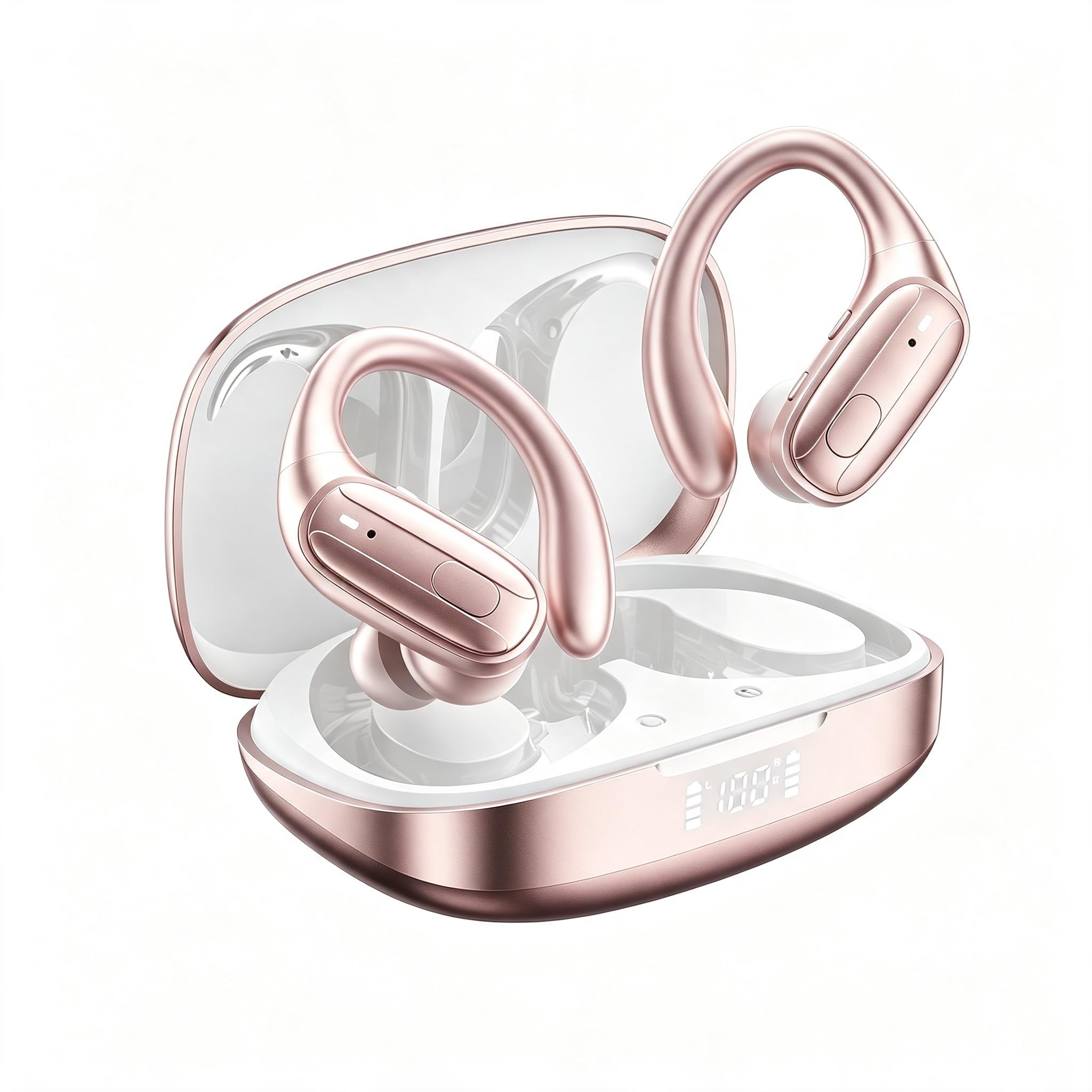 LEEMC Wireless Earbuds, Bluetooth Headphones 5.4, 80Hr Playtime Ear Buds with Hooks for Sports, Noise Canceling, LED Display, IPX7 Waterproof Earphones for Workout Running, Rosegold