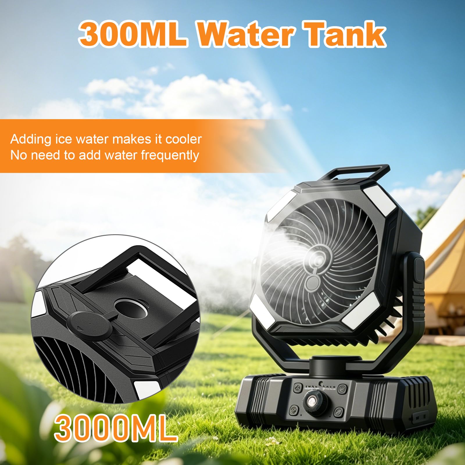Richday Ventilador Camping Nebulizador 20000mAh, Ventilador Portátil Recargable con Batería, Depósito 300ml, Control Remoto, 270° de Rotación, Timer, Luz LED, para Oficina Tienda Viaje