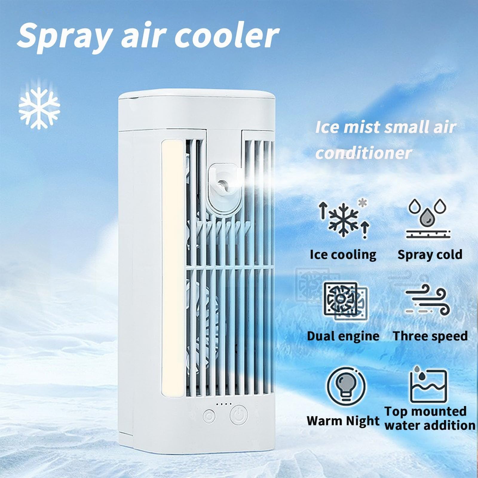 Raffreddatore d'aria portatile, da tavolo, ventilatore a luce notturna a spruzzo, ventola a doppio motore a 3 velocità, raffreddamento a ghiaccio con funzione nebbia, essenziale da viaggio per casa