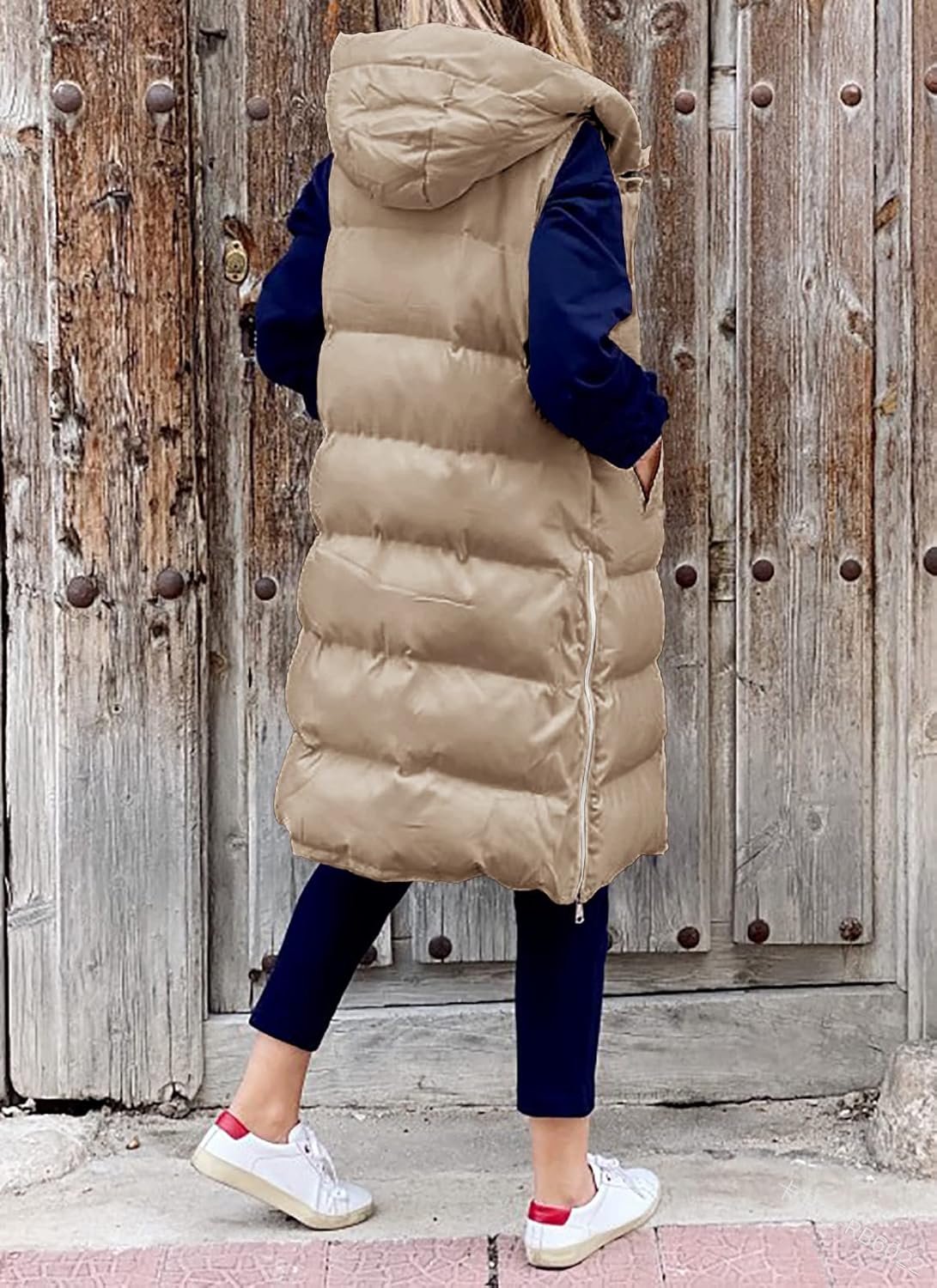 Women's Hooded Long Down Vest Full-Zip Sleeveless Puffer Vest Fashionable Coats Jacket - Image 2
