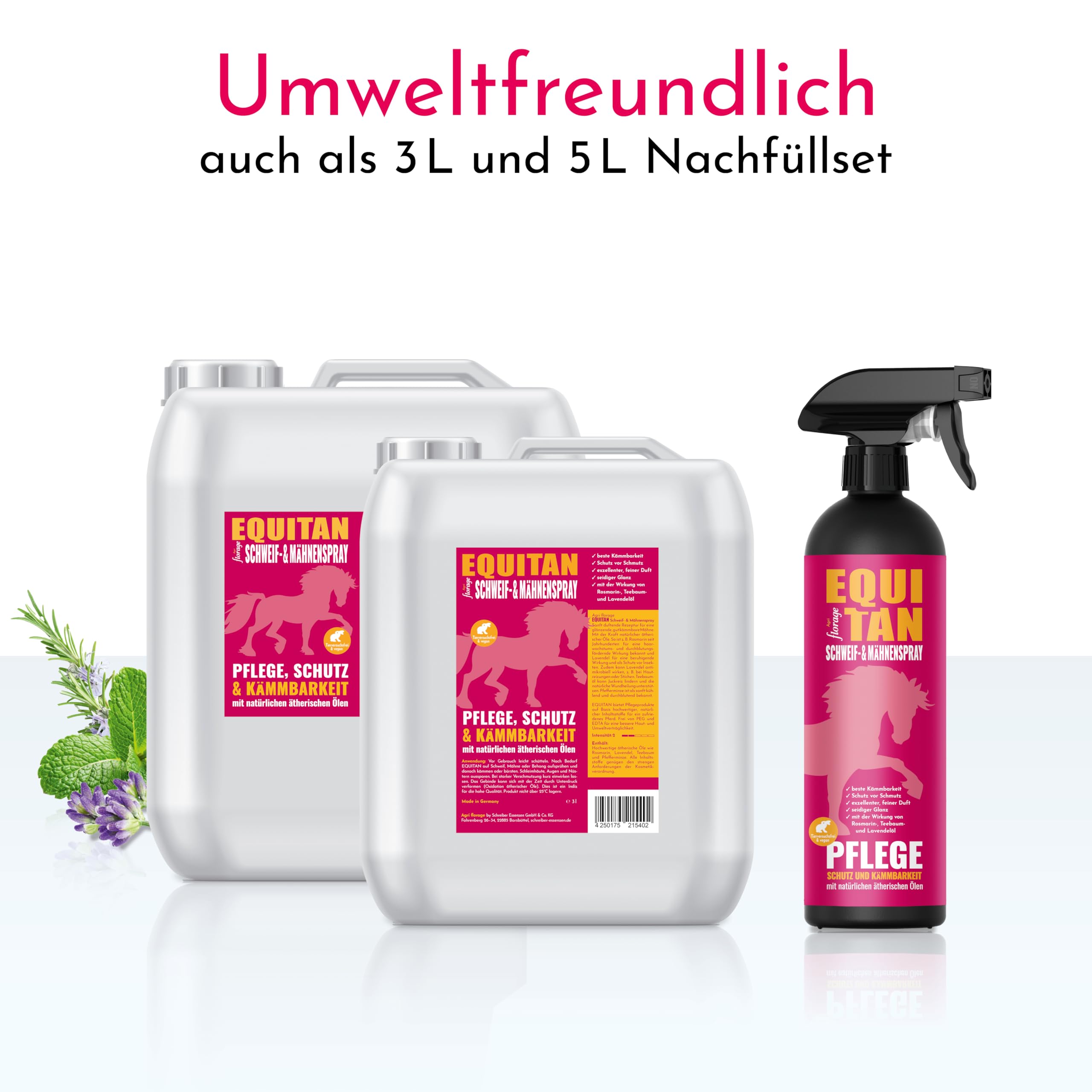 EQUITAN Spray pour queue et crinière pour chevaux, pour entretien et démêlage, avec huiles essentielles, sans PEG ni EDTA, végétalien, 3 l