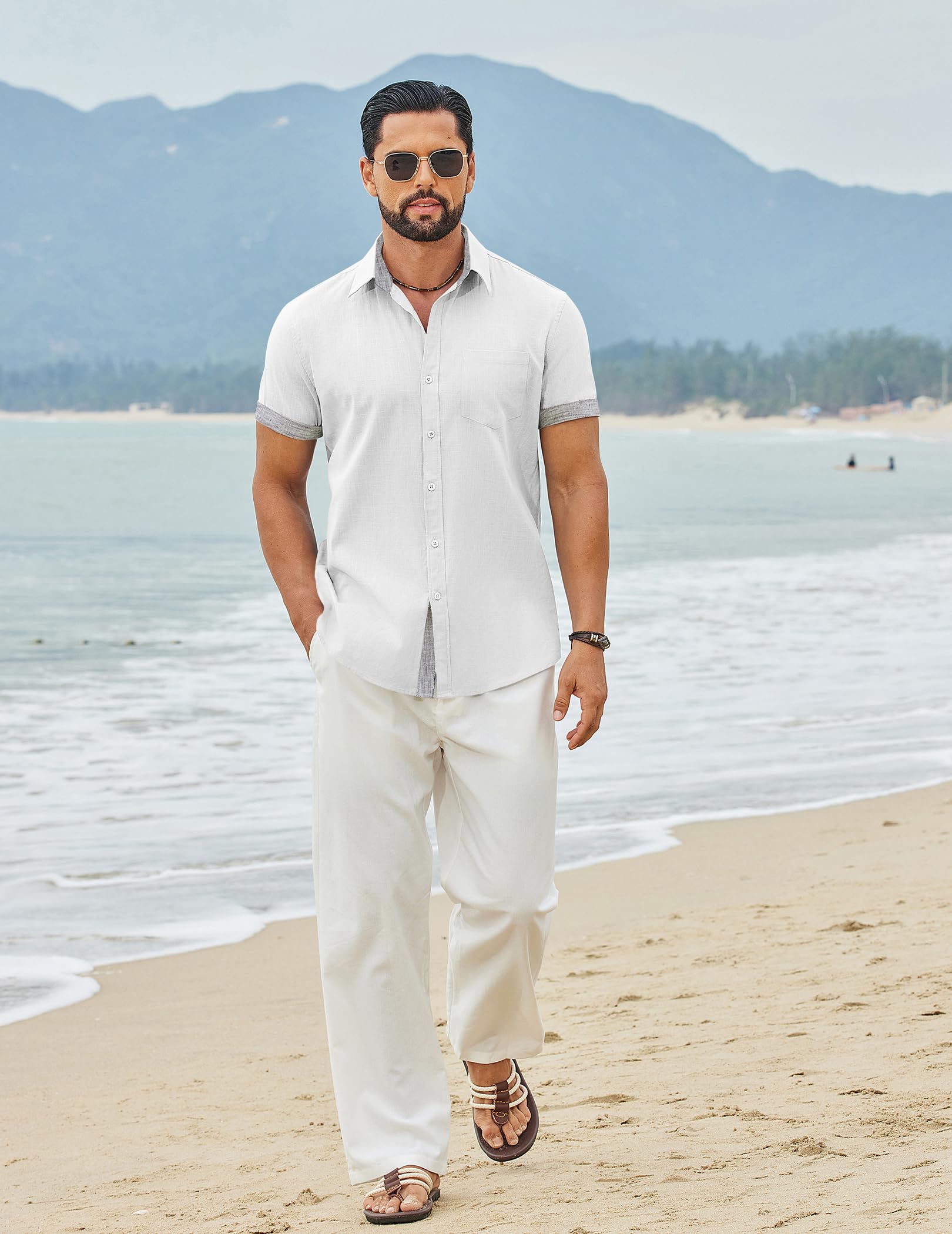 COOFANDY Chemise Homme Manches Courtes en Coton Décontractée d’Été pour Plage avec Pochette Poitrine