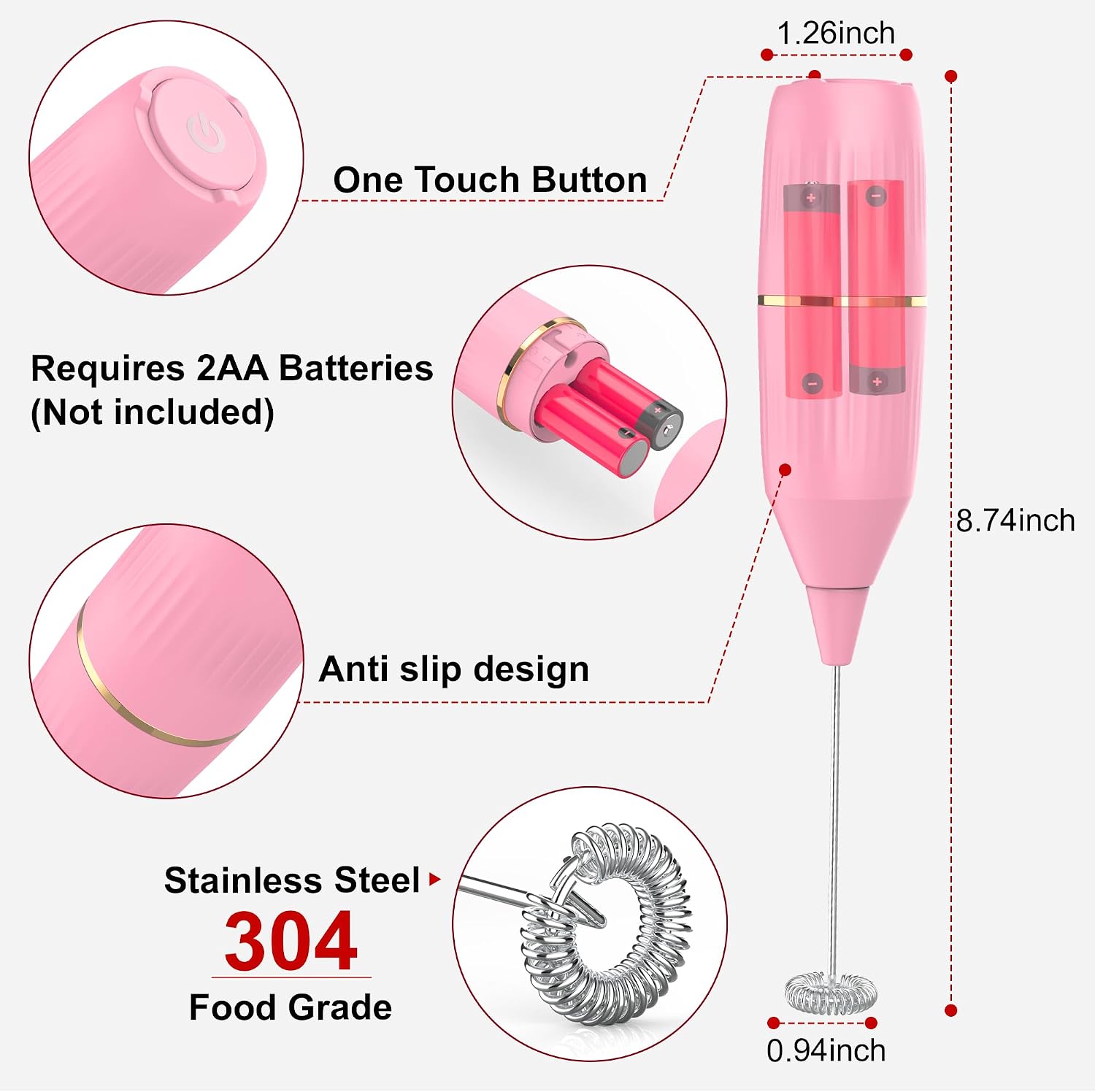 Homexup Handheld Milk Frother 14,000 RPM Drink Mixer Wand with Stand & Stirring Spoon Quiet One-Button Operation, Non-Slip Handle, Detachable Whisk Head for Coffee, Lattes, Cappuccinos, Matcha (Pink) image 4