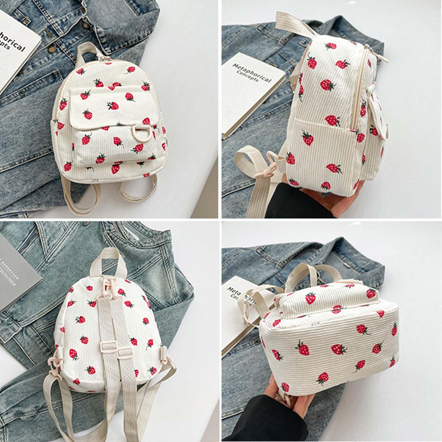 Corduroy Mini Backpack Strawberry Backpacks for Womens Girls, Small Backpack Cute Backpacks Purse with 2 Pocket (Strawberry, Pink) - Image 5