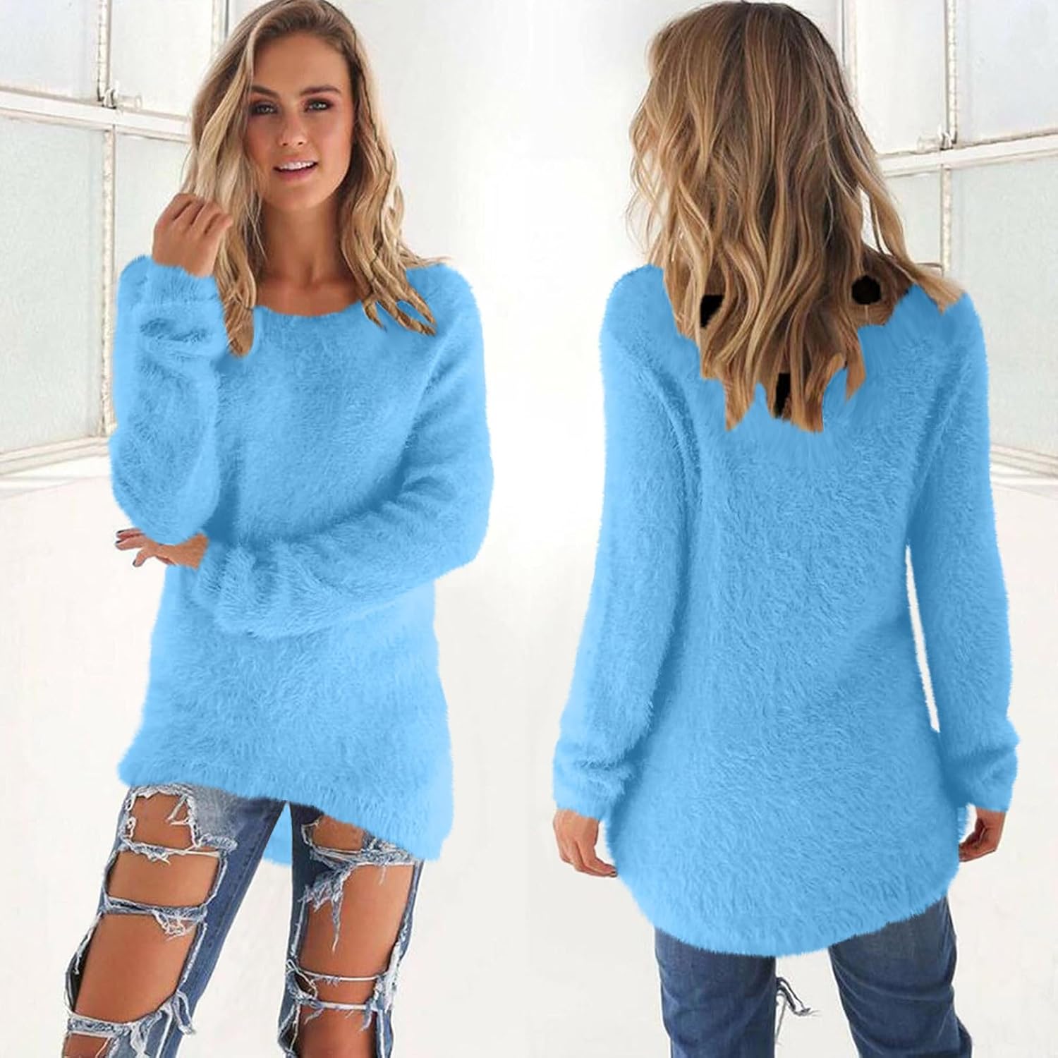 Womens Furry Pullover Sweater Casual Long Sleeve Loose Fluffy Fuzzy Sweaters Soft Tunic Tops Loose Fit - Image 2
