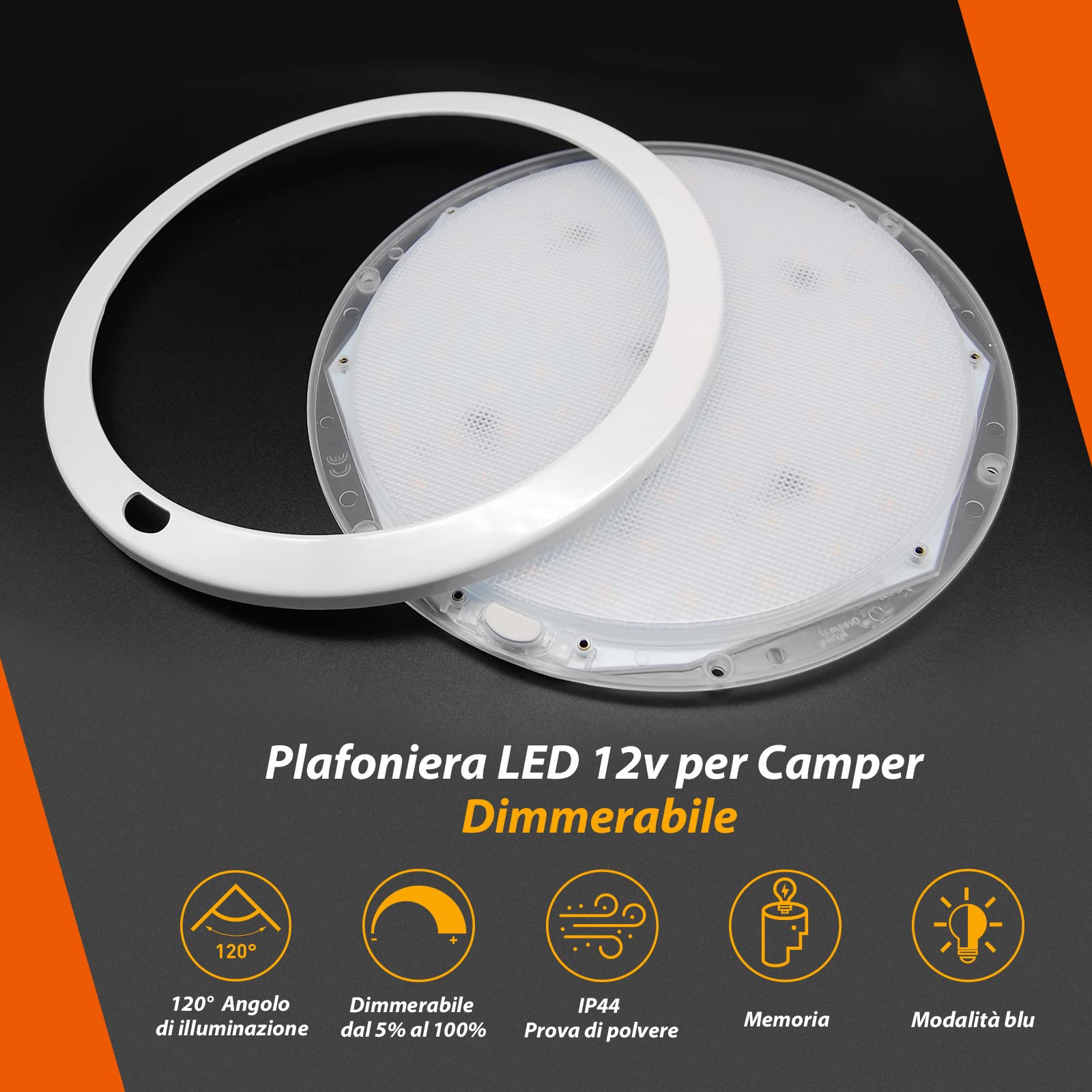 Dream Lighting Plafoniera LED 12V Dimmerabile 21,6cm 14W Due Colori Bianco Caldo e Blu per Camper Barca