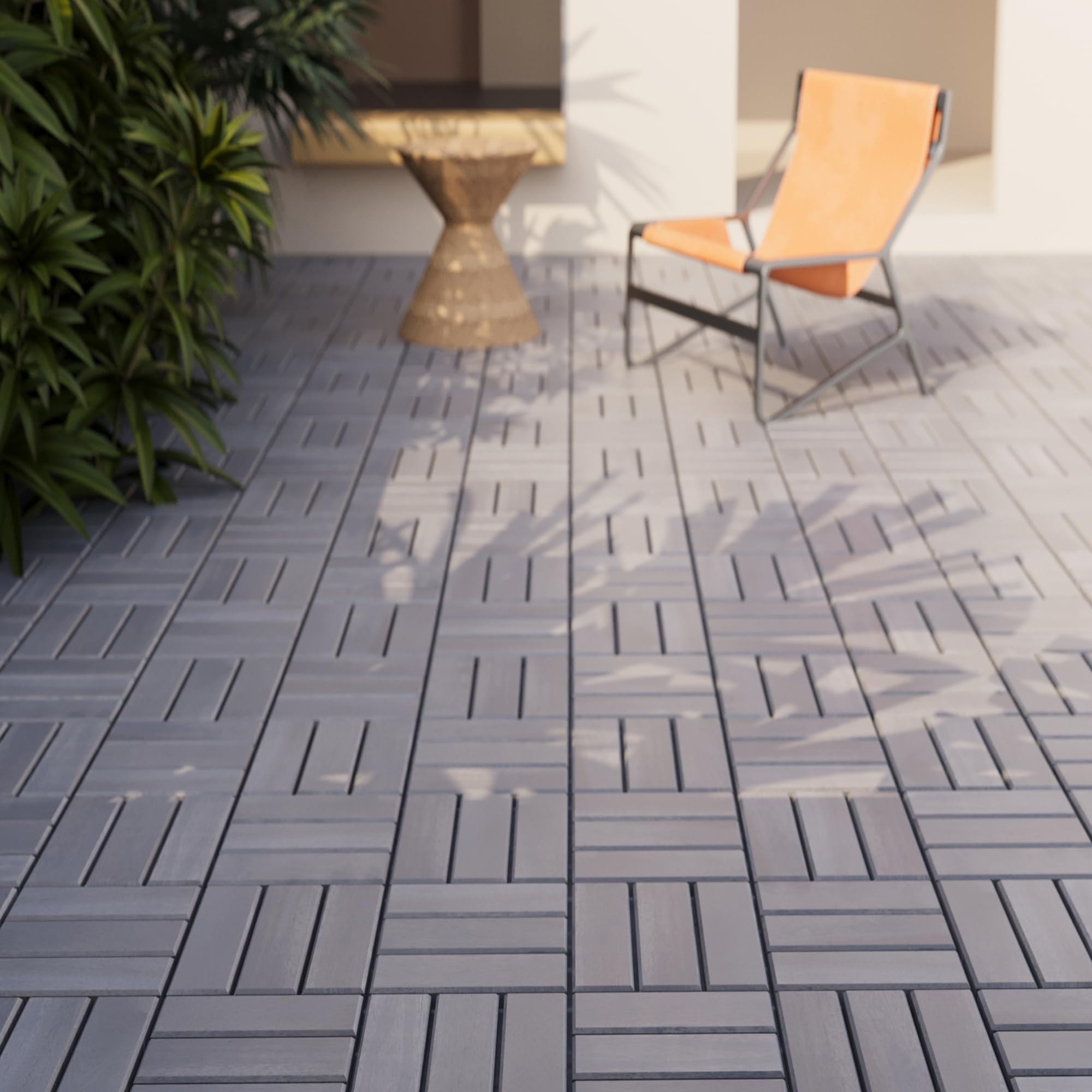 casa.pro Terrassenfliesen Alliste 10er Set Holzfliesen für Balkon 12 Lamellen 0,9 m² Outdoor Bodenbelag für Garten Klickfliesen wetterfest Bodenplatten Grau