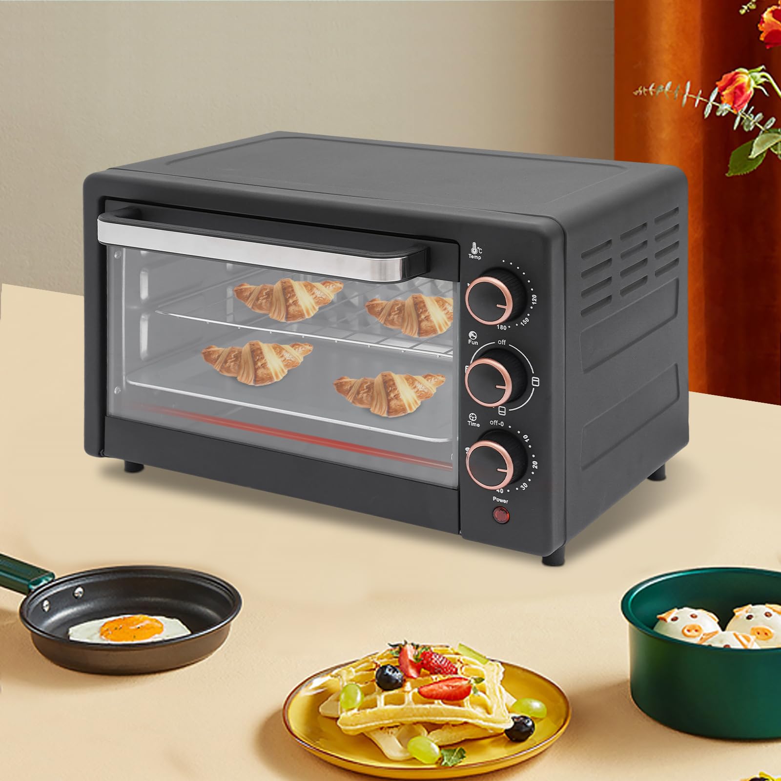 Mini four de 22 l avec protection contre la surchauffe, four à pizza, four électrique 1000 W, avec plaque de cuisson et grille de cuisson, équipé d'une minuterie pour cuire des pizzas, du pain et des