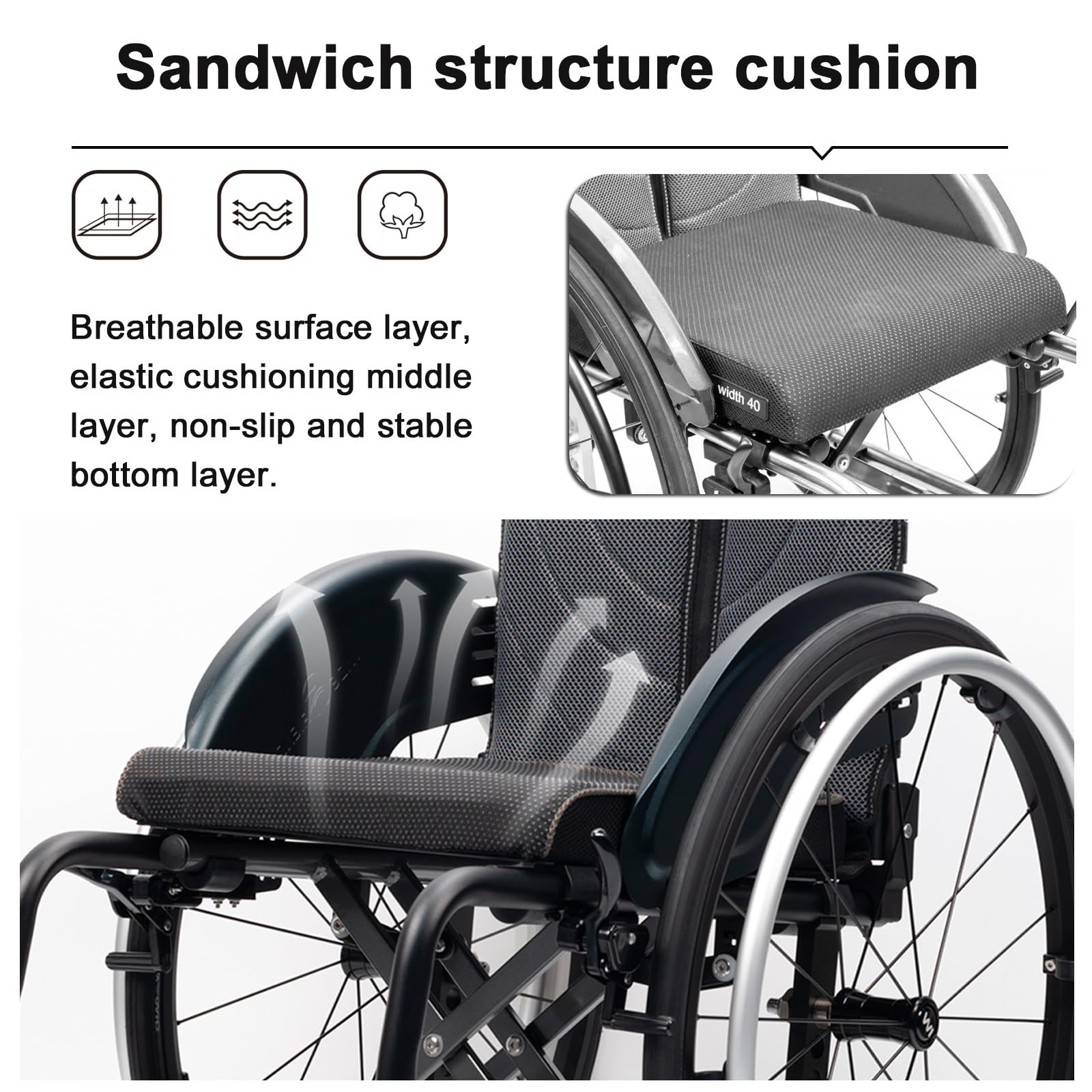 Wózek inwalidzki ze stopu aluminium, lekki, wyposażony w opony terenowe, zdejmowany podnóżek (szerokość: 42 cm)