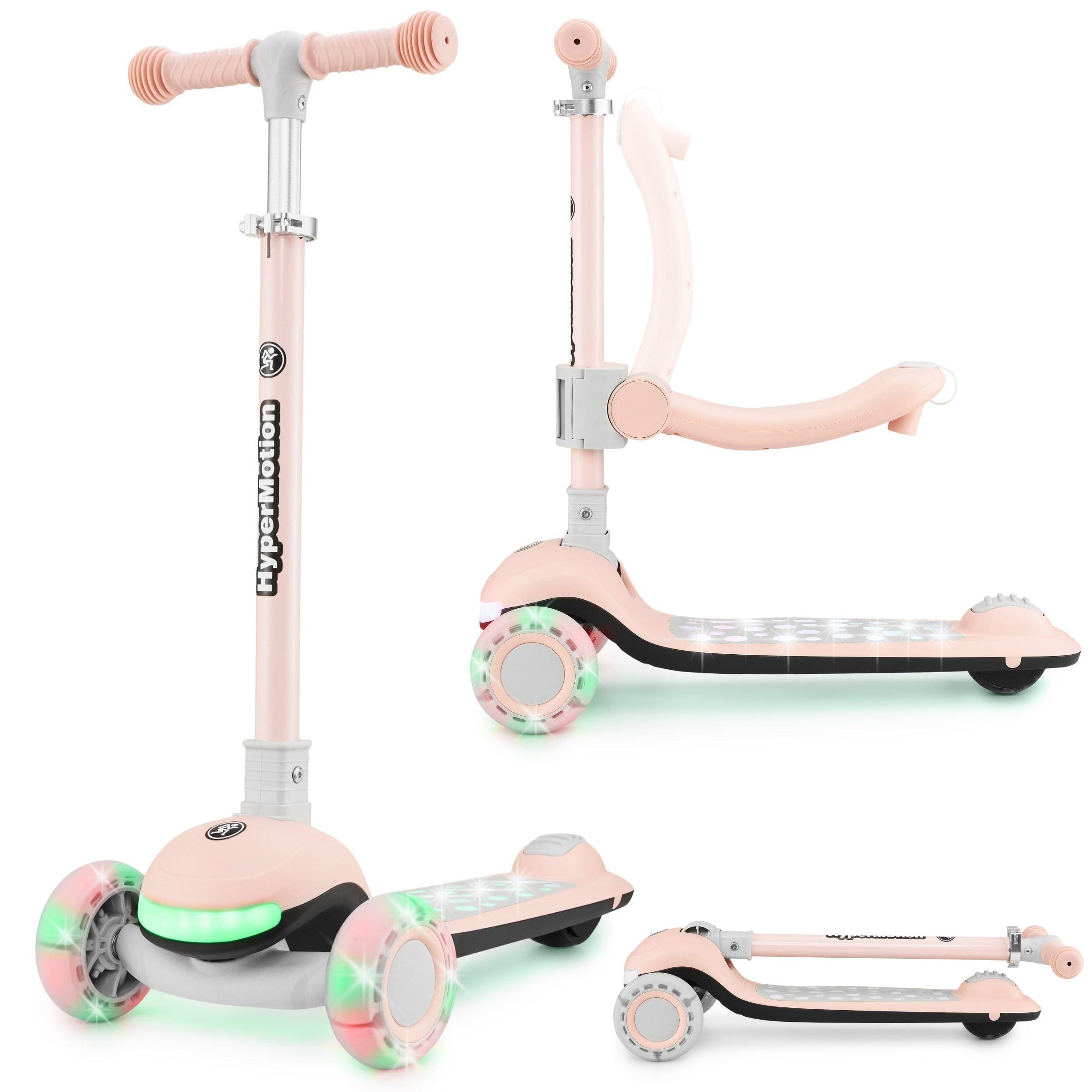 HyperMotion LUMI Kids Scooter with LED Lights 3 in 1 Adjustable Seat Foldable PU Wheels T-Bar Handlebars Up to 50 kg From 1 Year Indoor and Outdoor Use (Pink)