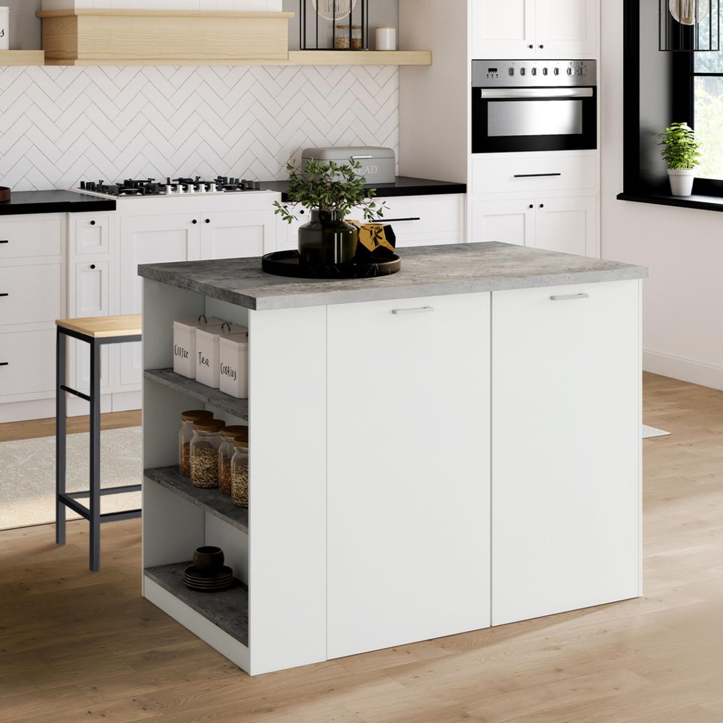 IDMarket - Ilot Central TIBO 120 cm Bois Blanc avec Plan de Travail façon béton