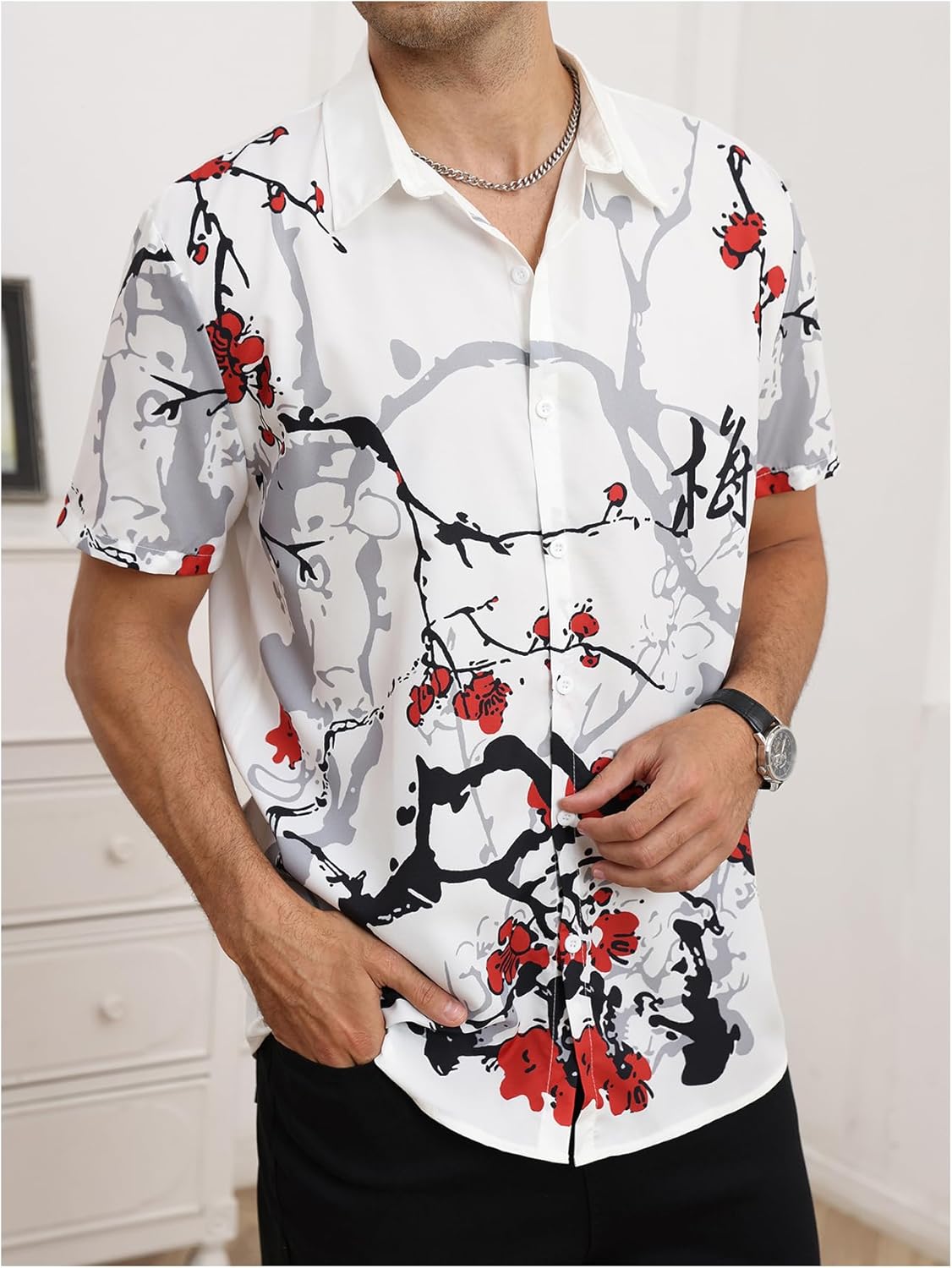 Men's Floral Button Up Shirts Short Sleeve Collared Summer Cool T-Shirt - Image 2
