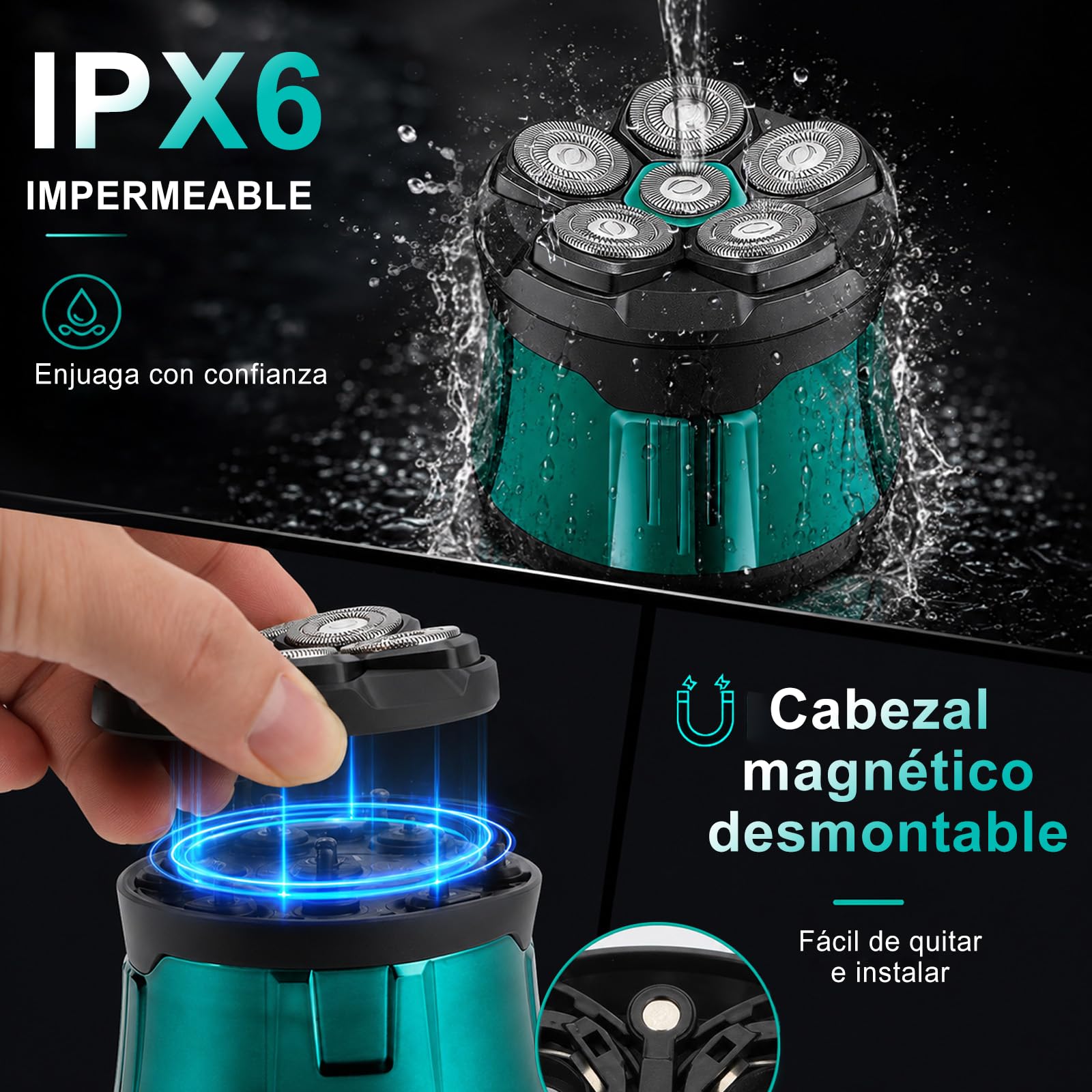 VGR 373 Afeitadora Cabeza Hombre 6D, Máquina Afeitar Cabeza, IPX5, Viaje