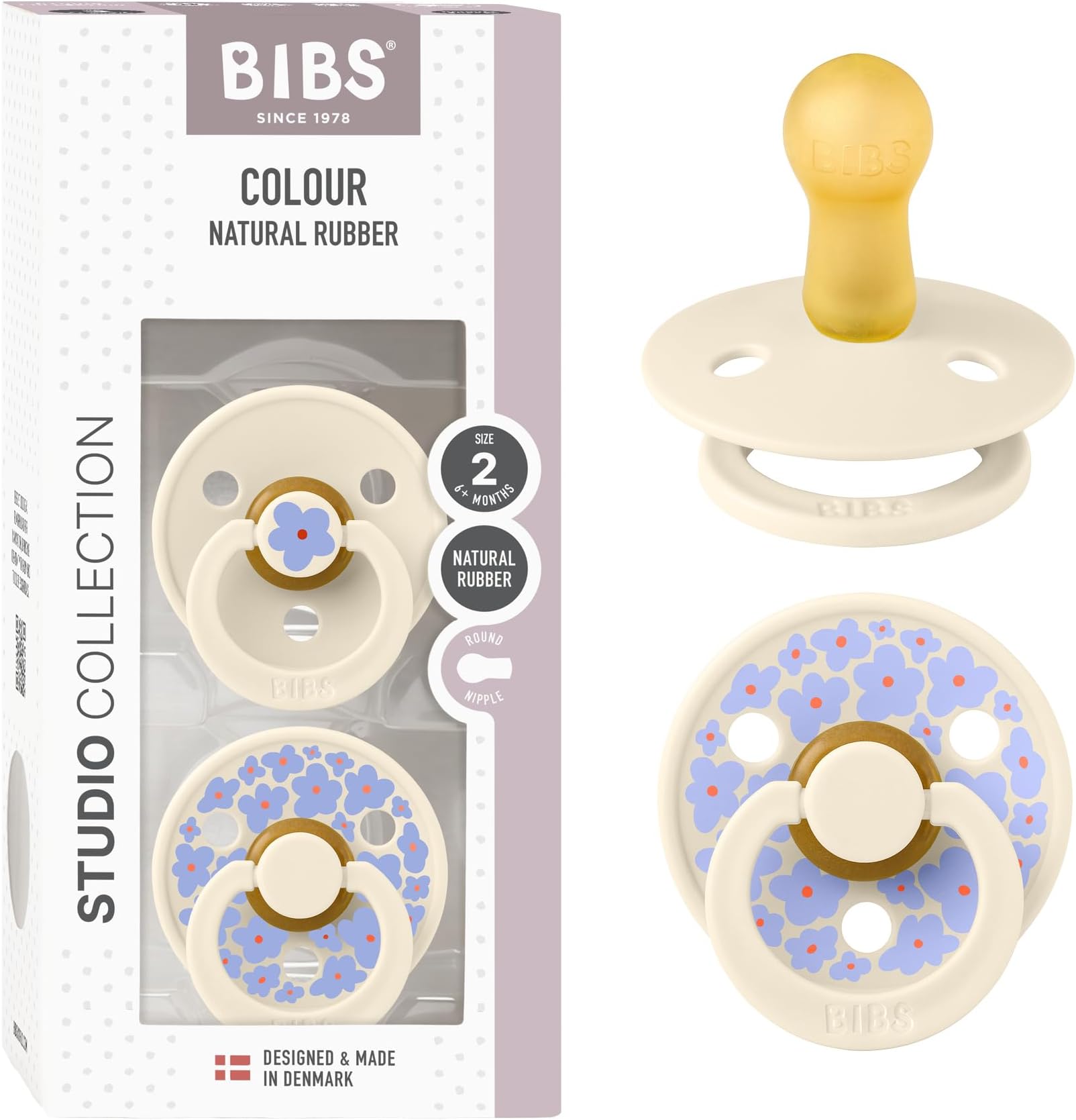 BIBS Colour Studio Soother 2-Pack, BPA Free Dummy Pacifier, Round Nipple. Natural Rubber Latex, Made in Denmark, Size 2 (6-18 Months), Jasmine Ivory