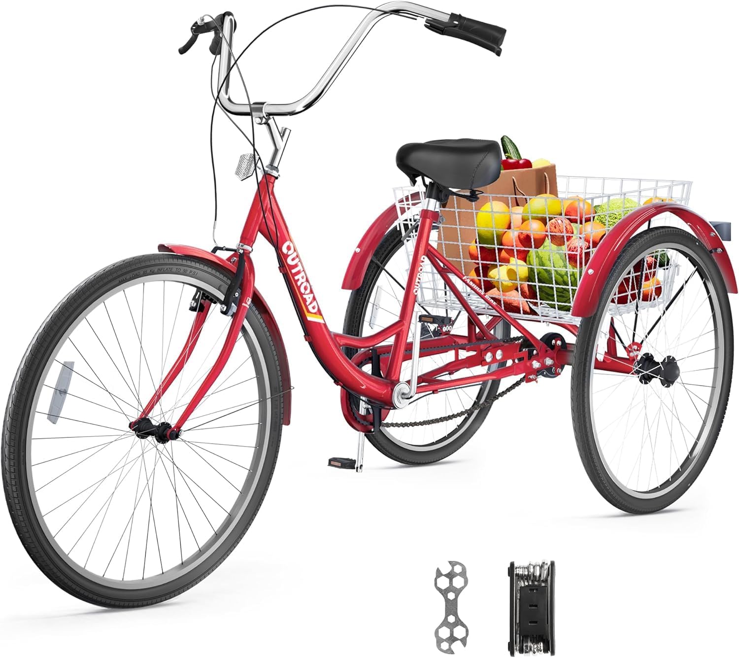 1 Speed Adult Tricycle, 26 inch Cruiser Trike with 3 Wheel Bike, Large Basket for Women Men Seniors, for Outdoor, Shopping, Recreation, Picnic (Red)