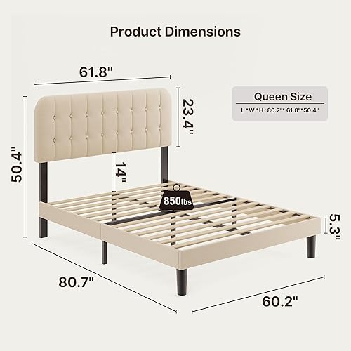 Miniatura 6 de Gizoon Base de cama Queen con cabecero, cama de plataforma tapizada con listones de madera resistentes, sin ruido, no necesita somier, fácil
