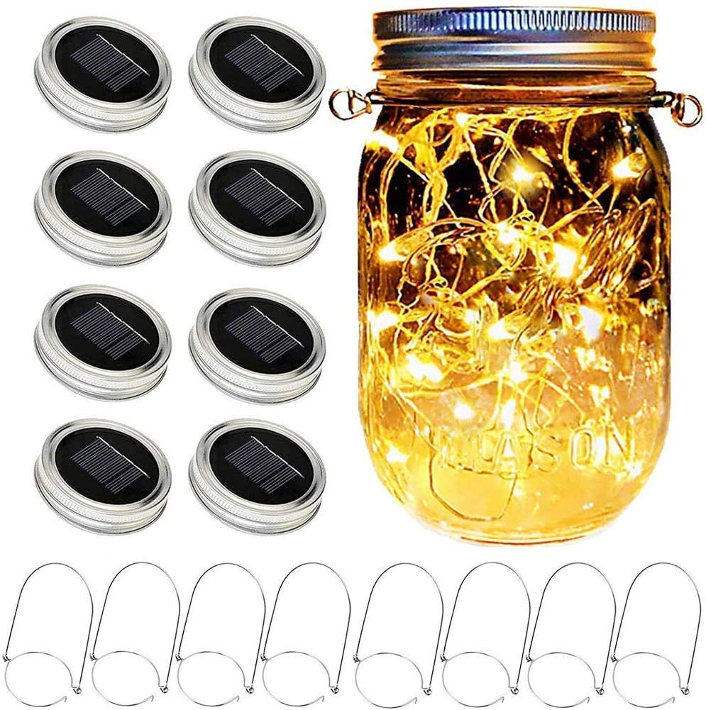 SunKite Solar Mason Jar Lights, 8 Pack 15 LED Waterproof Fairy Firefly Jar Lids String Lights with Hangers(NO Jars), Patio Yard Garden Wedding Easter
