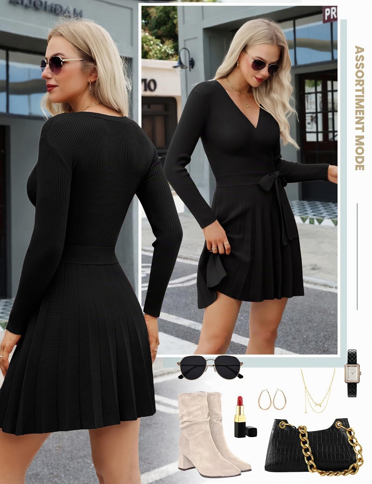 Robe Pull Femme Chic et Elegant Hiver Col en V Manches Longues Robe Casual Taille Haute A-Line Jupe Tunique Automne Tricot Robes pour Fête Soiree Noël Mariage