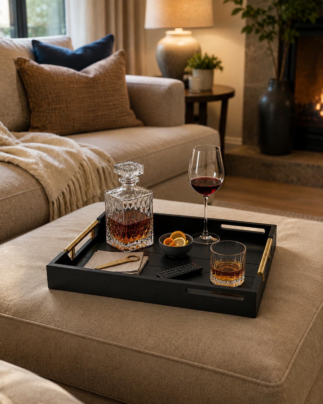Black Serving Tray with Handles for Bar Coffee Table and Ottoman