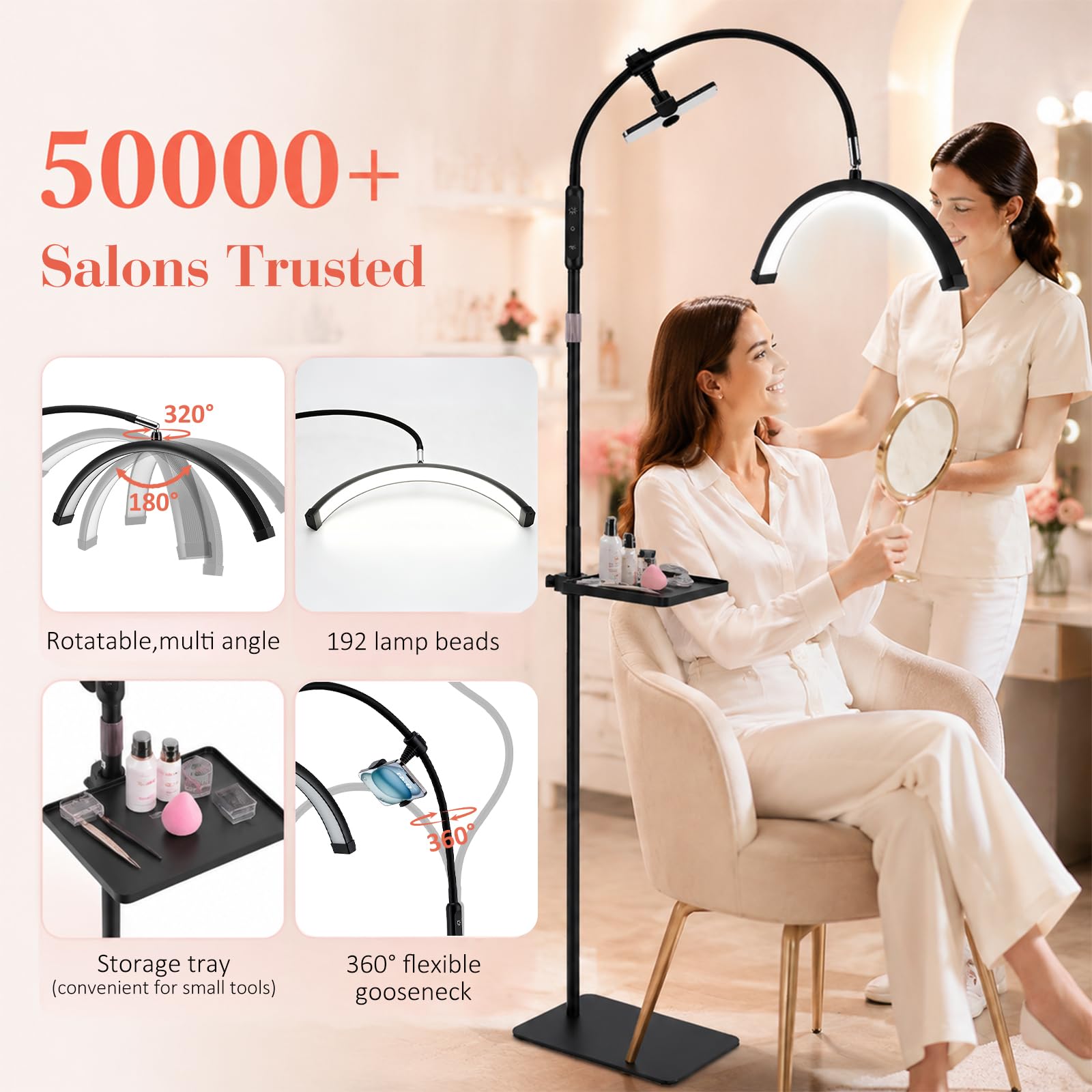 Lámpara LED de pestañas de media luna, giratoria 320° y 5 colores regulables, altura ajustable de 85 – 125 cm, CRI≥95, lámpara cosmética con control táctil para extensiones de pestañas