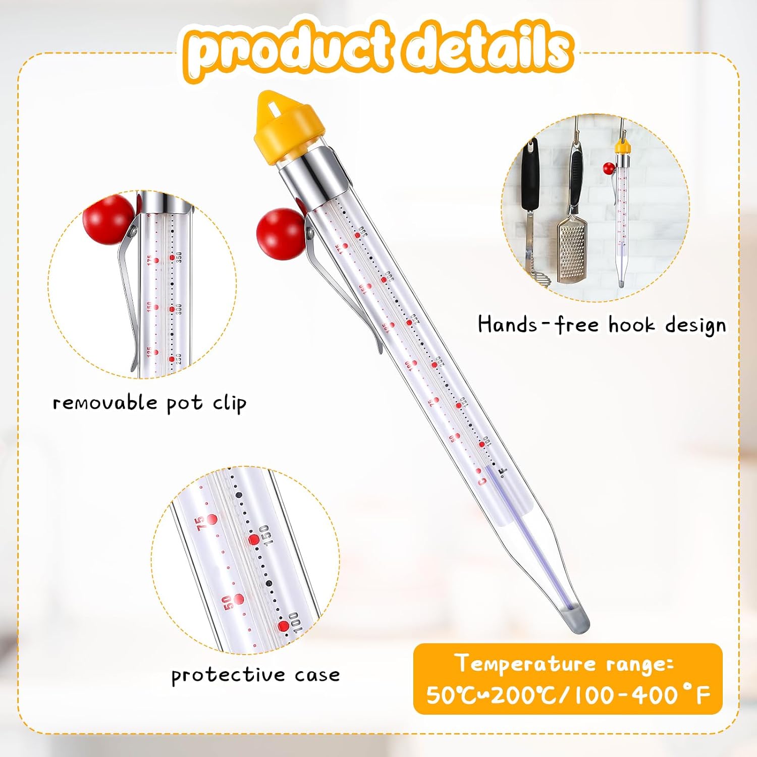 Photect 1 Pcs Candy Thermometer with Pot Clip 8", Yellow