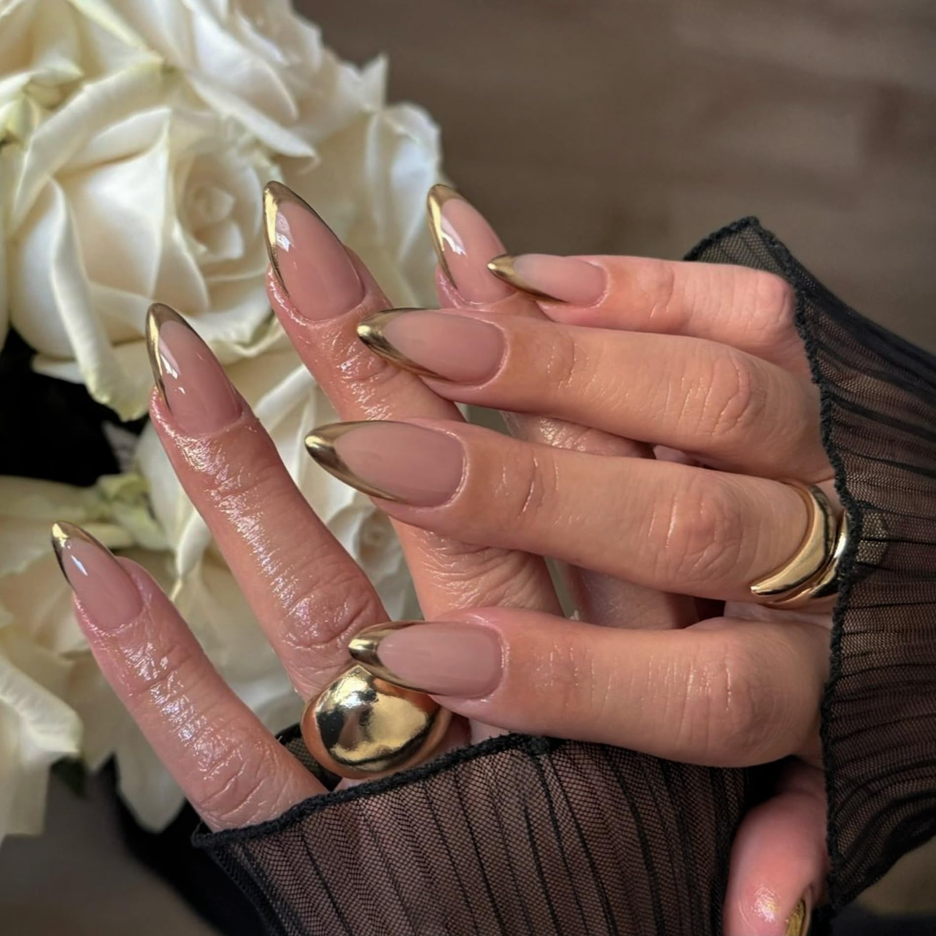 SXVME Chrome Gold French Tip False Nails Short Almond, Natural Nude Press on Nails with French Tips Glitter Designs - Image 2