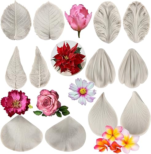 Sijiangmold Molde de veteado de silicona para pasta de goma, molde de fondant veteado de rosa, pasta de goma, molde de flor de peonía, margarita,