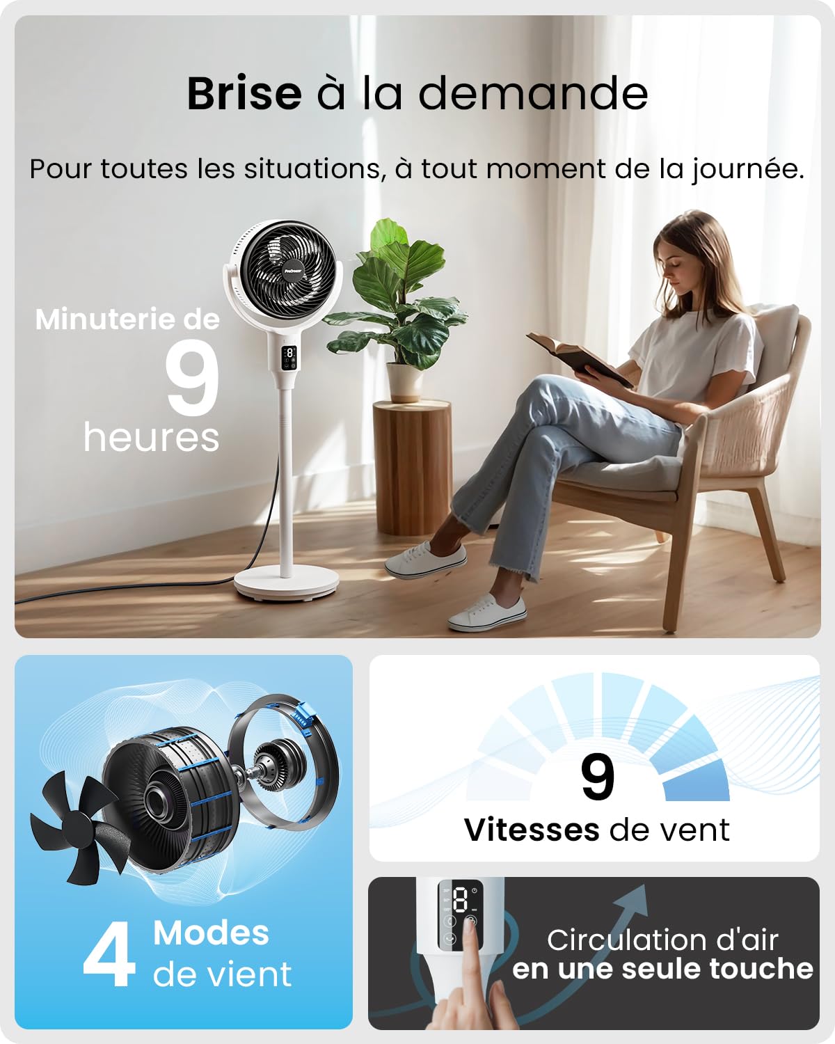 Pro Breeze Ventilateur sur Pied Intelligent 109 cm Ultra-Silencieux 29 dB – Écran LED, Wi-Fi, Appli Mobile & Télécommande, 2 Modes de Ventilation, oscillation 135°/85° – Compatible Alexa
