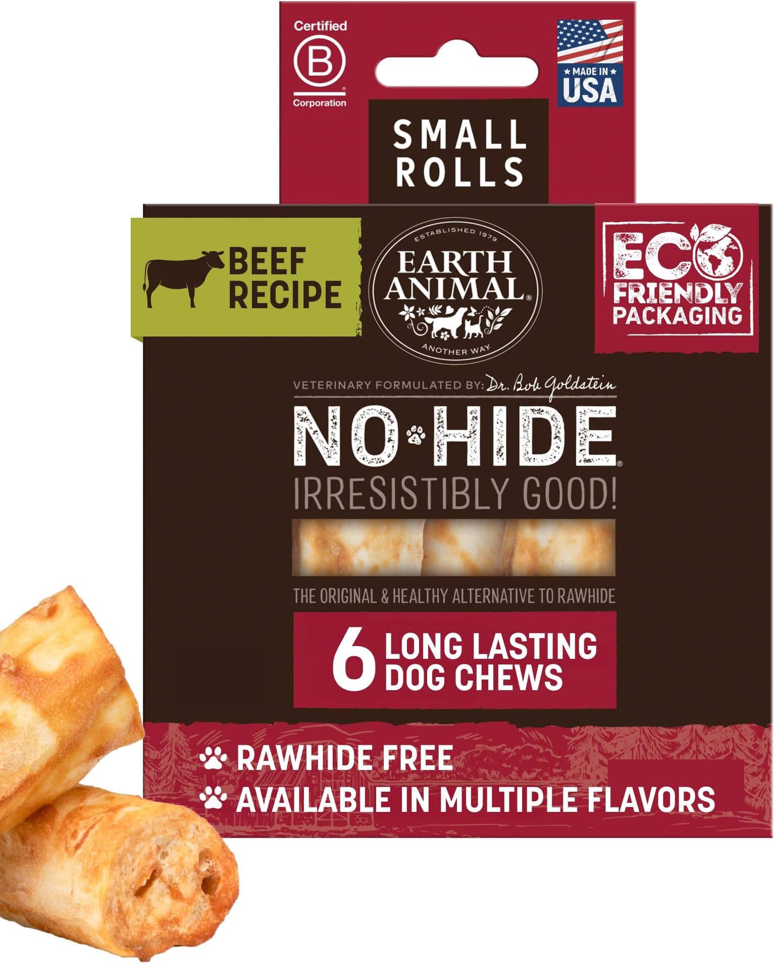 Earth Animal No Hide Dog Chews - Rawhide Free Small Rolls 6 Count Beef