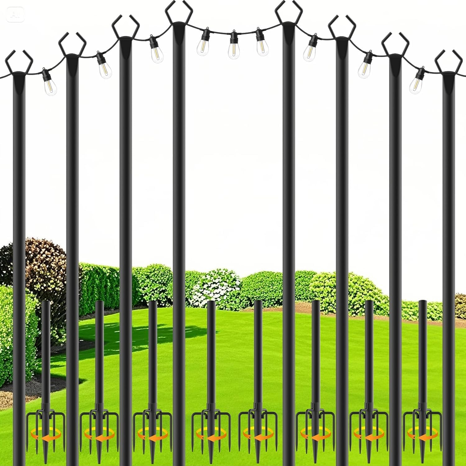 Photo 1 of zoegi 8 Pack 10Ft String Light Poles,Light Poles for Outside Lights with Fork,Outdoor Brackets Hanging Lights,Metal Stand for Deck Patio,Backyard,Wedding,Deck,Party
