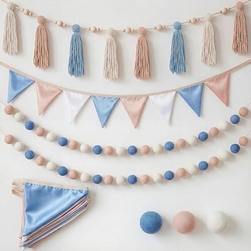4 Pcs 6.89 ft Valentine's Day Garland Banner Pom Pom Garland Pennant Banner Colorful Tassel Tree Pompom Decoration for Party Nursery Home Mantel Fireplace Birthday(Baby Blue)