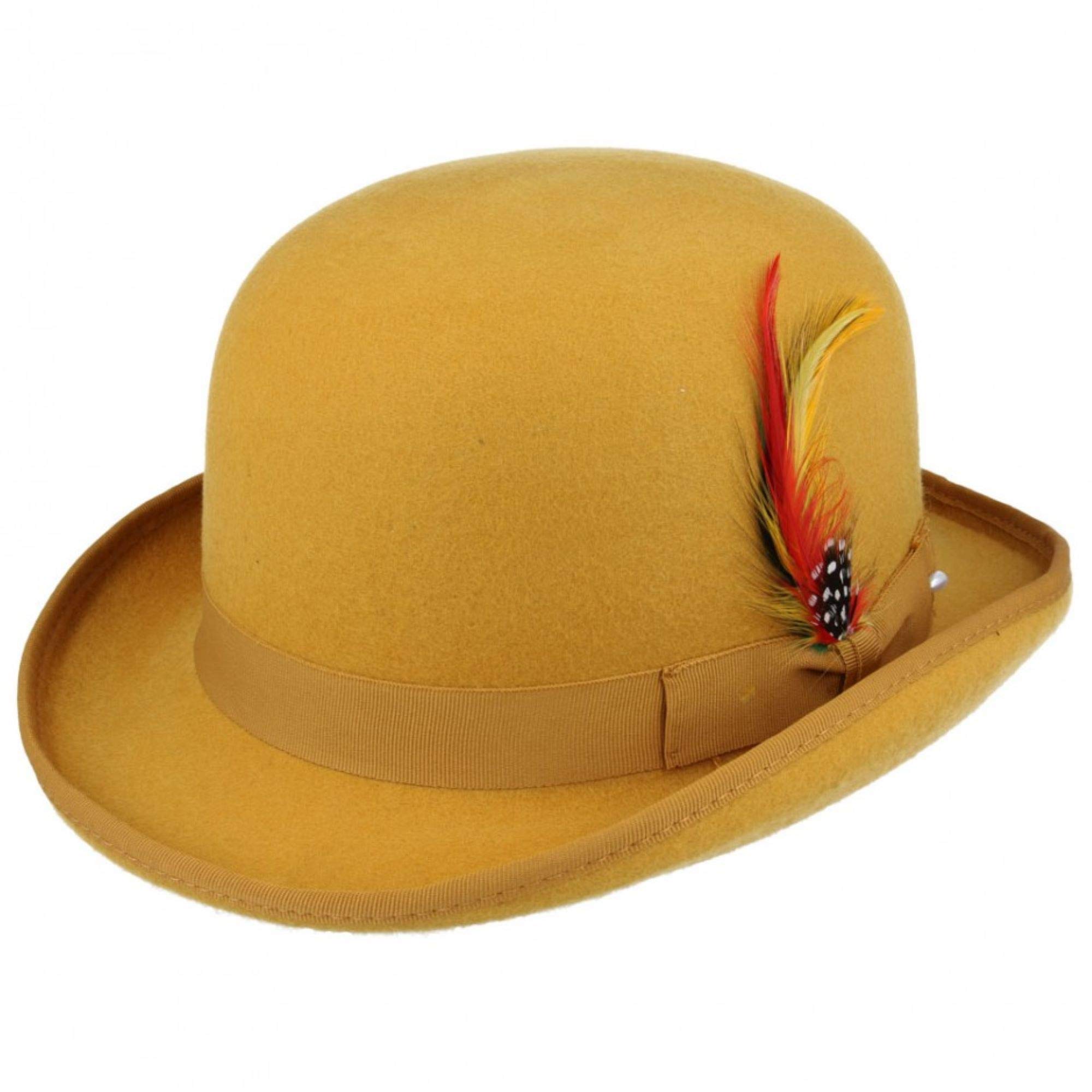 MAZ Unisex Hard Top Wool Bowler Hat With Feather Satin Lined Sizes S to XL